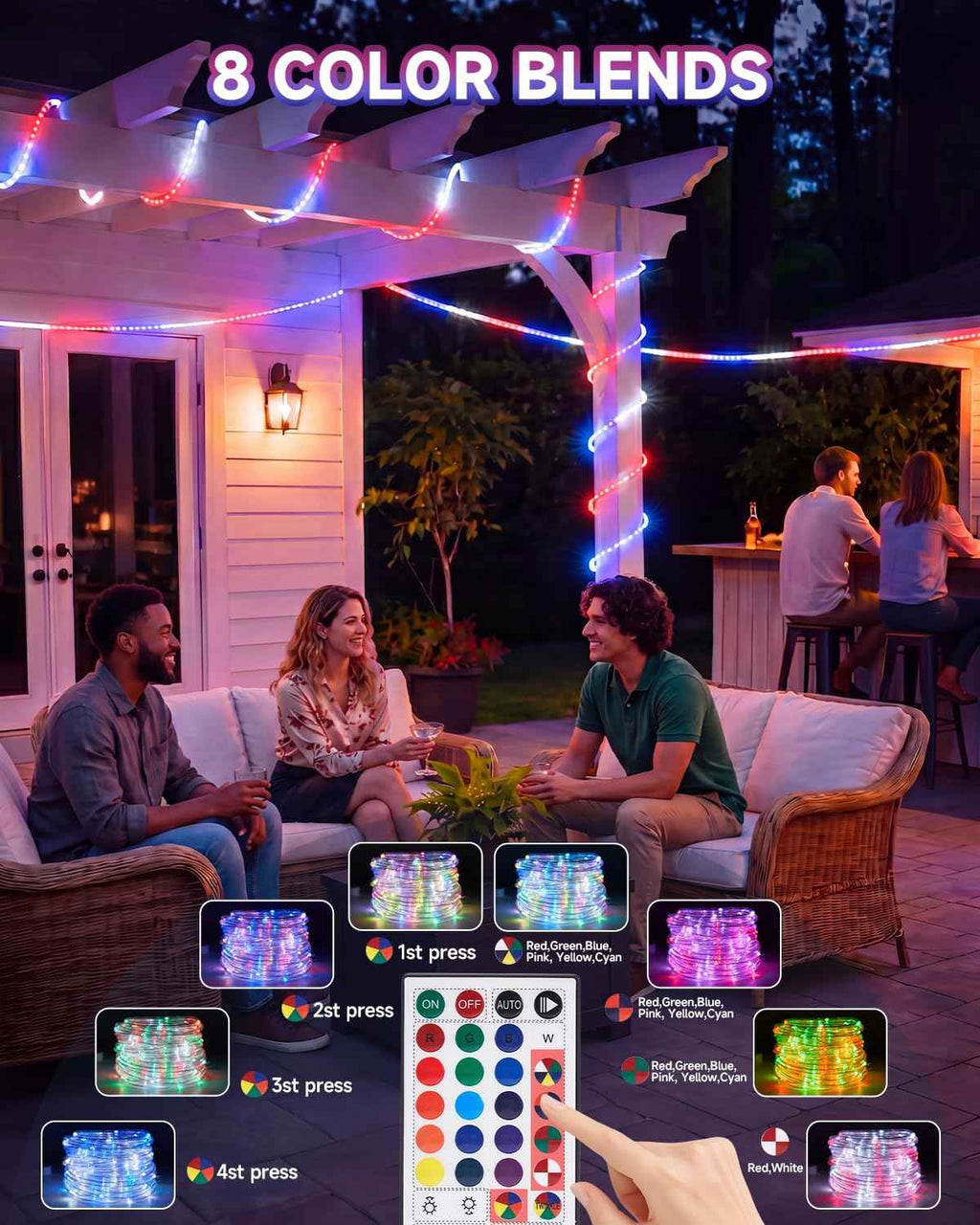 50FT Rope Lights for Outside,24 Colors Changing RGB LED Outdoor Rope Lights Waterproof with Plug & Remote,Red White and Blue Rope Lights for Camping Pool Bedroom Indoor Decor