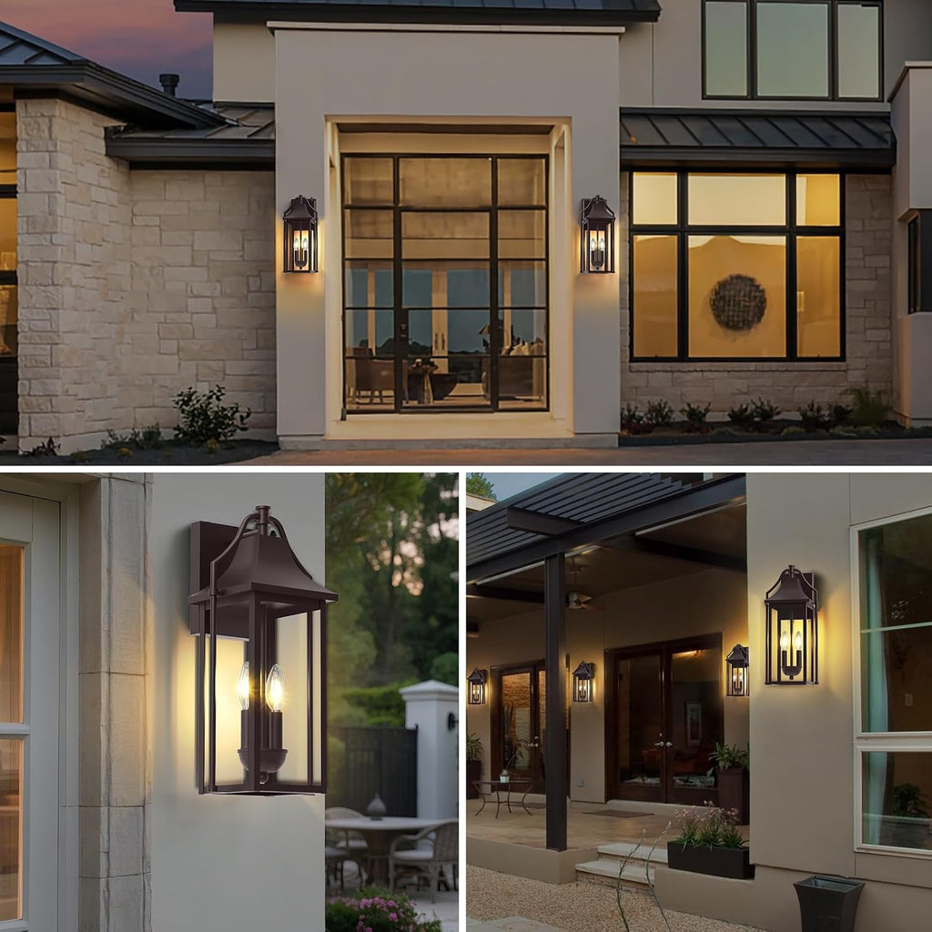 18IN Dusk to Dawn Outdoor Wall Sconce, 2-E12 Base Porch Light | Brown Waterproof Exterior Lantern, Modern Patio Light Fixture Mounted with Glass, Outside Light for House, ETL Listed