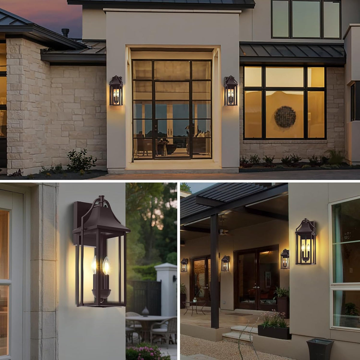 18IN Dusk to Dawn Outdoor Wall Sconce, 2-E12 Base Porch Light | Brown Waterproof Exterior Lantern, Modern Patio Light Fixture Mounted with Glass, Outside Light for House, ETL Listed