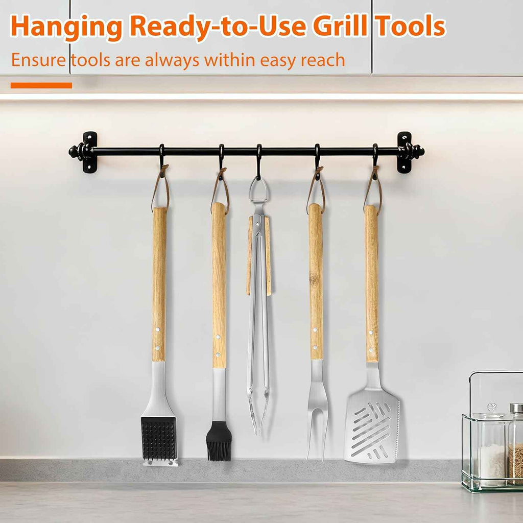 5 pcs Heavy-Duty Wooden BBQ Grilling Tools Set, Extra Thick Stainless Steel Multi-Functional Spatula, Fork, Tong, Oiling Brush & Cleaning Brush - an Excellent Barbecue Gift for Men