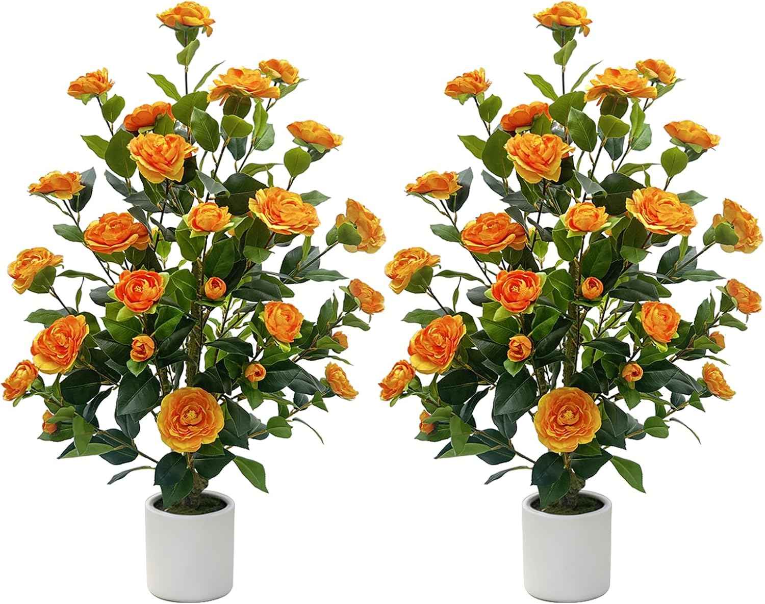 2 Pack Artificial Camellia Tree, 3FT Faux Flowering Camellia Plant Indoor Outdoor, Realistic Silk Artificial Flower in Planter, Greenery Faux Fake Tree Plant for Home Office Porch Patio Decor, Orange