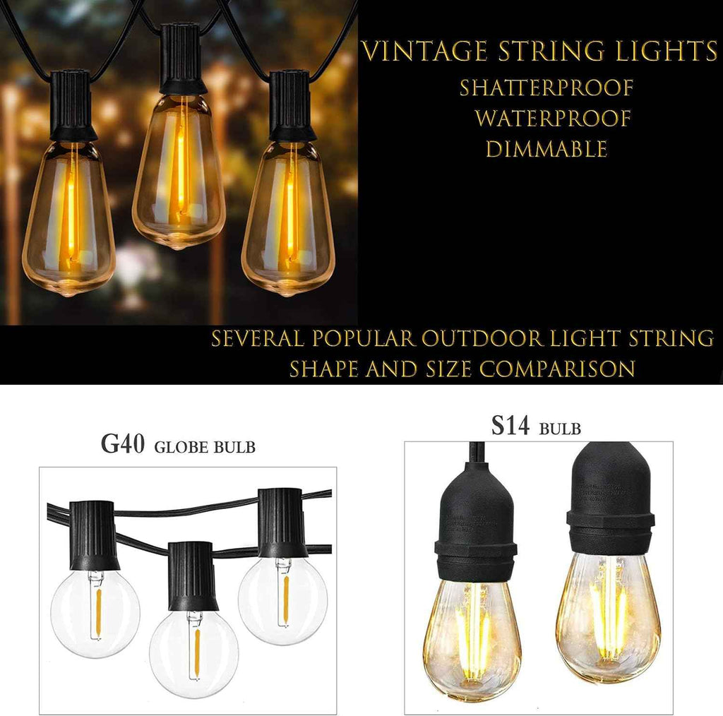 Outdoor String Lights 36ft with LED Filament Bulbs 30+2(Spare) Dimmable Shatterproof Waterproof, for Indoor/Outdoor Decoration and Lighting, Edison Vintage Style Warm 2200K
