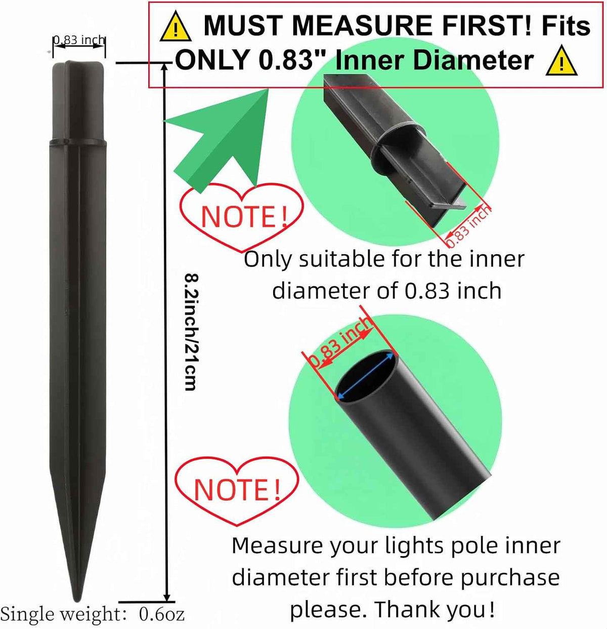 Must Measure First! Fits ONLY 0.83" Inner Diameter Solar Ground Spikes - 8.25" ABS Replacement Stakes for Garden Pathway Lights (Black-5PACK)