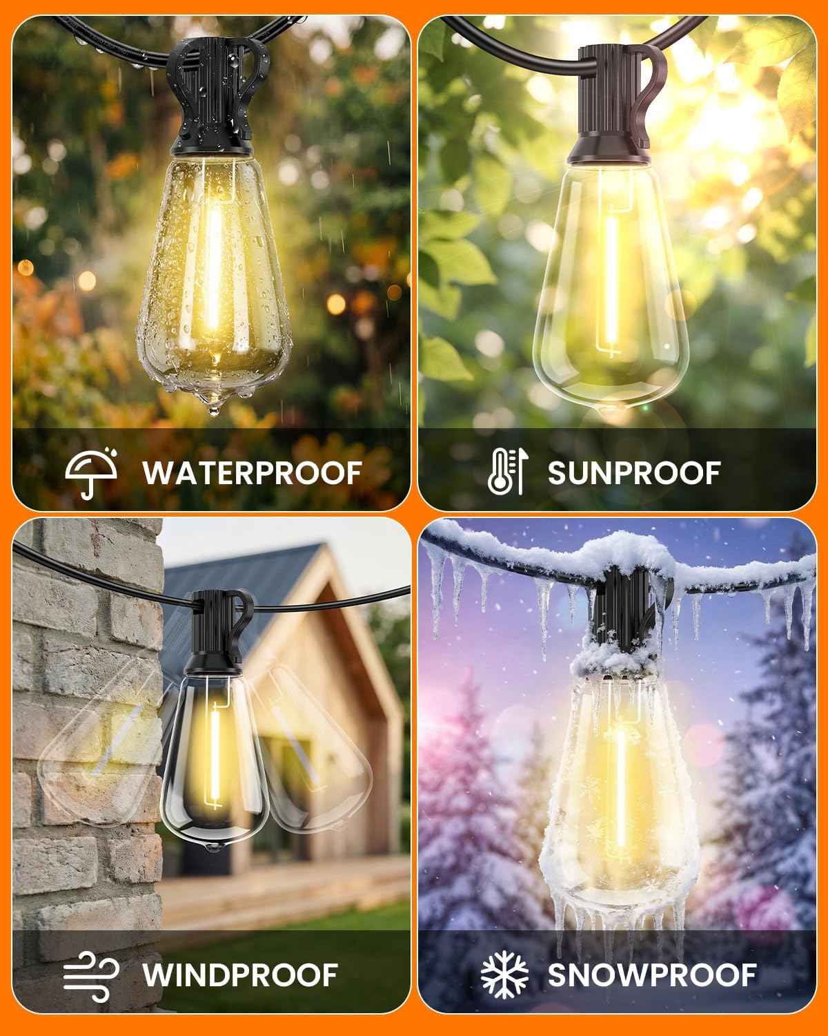 VOLIVO 100FT Outdoor String Lights for Patio, Waterproof Hanging Lights | 35+1 Shatterproof ST38 Edison Bulbs, Dimmable & Connectable Outside String Light for Backyard, Deck, Porch, Balcony
