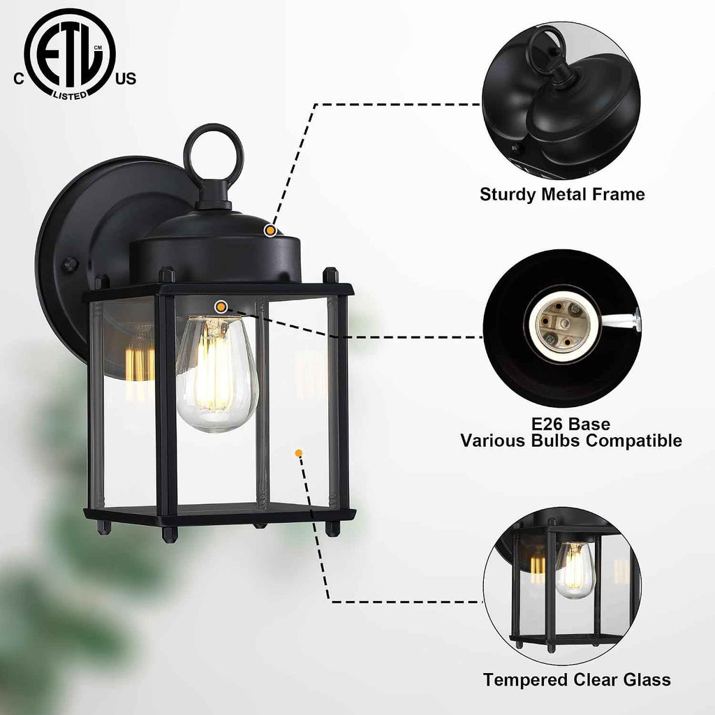 GRUENLICH Outdoor Wall Light Fixture, Clear Glass, Black, 2 Pack | Exterior Porch Light Wall Sconce Lantern for House, Patio, Garage, Anti-rust Metal, E26 Socket 60W Max