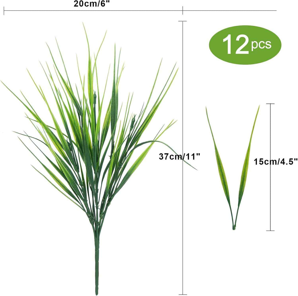 Ouddy Decor 12 Pcs Artificial Plants Outdoors Fake Greenery Stems, Green | Fake wheat grass, realistic, plastic shrubs, UV resistant, patio garden yard porch window planter box indoor home decor