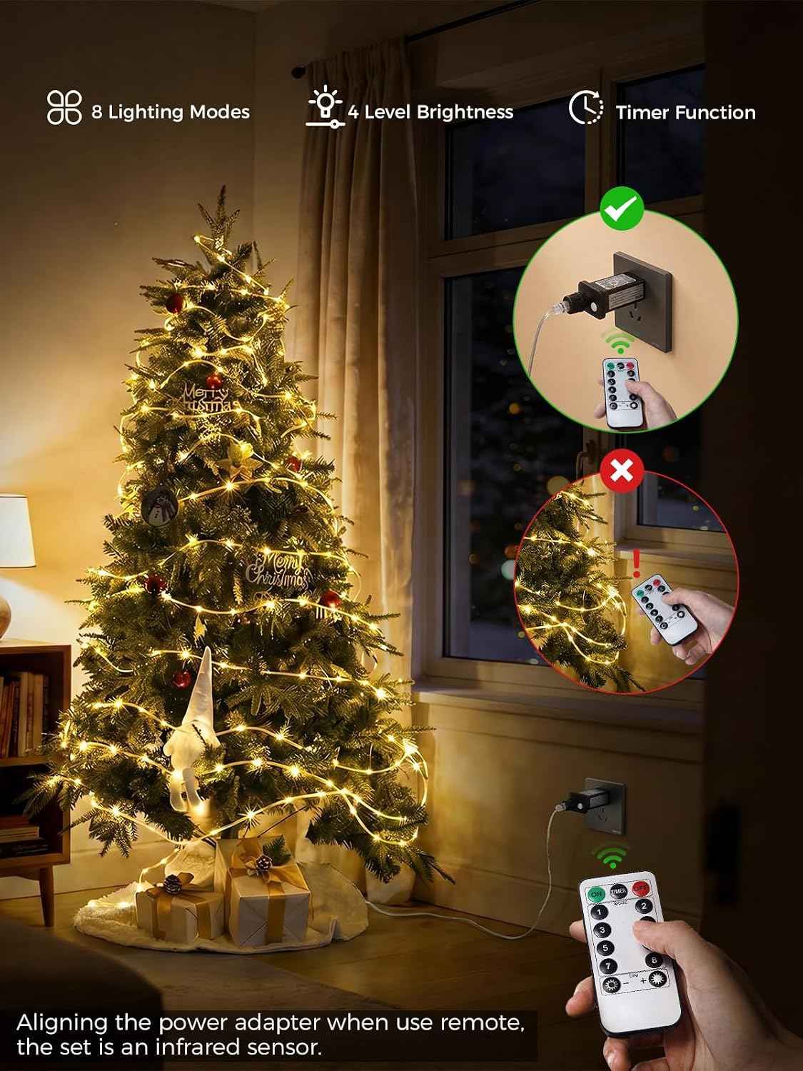33FT 100LEDs Connectable Rope Lights Plug in,Warm White | Rope Lights for Outside,Waterproof 8 Modes Remote Tube Light for Indoor Outdoor Christmas Wedding Birthday Patio Porch Garden