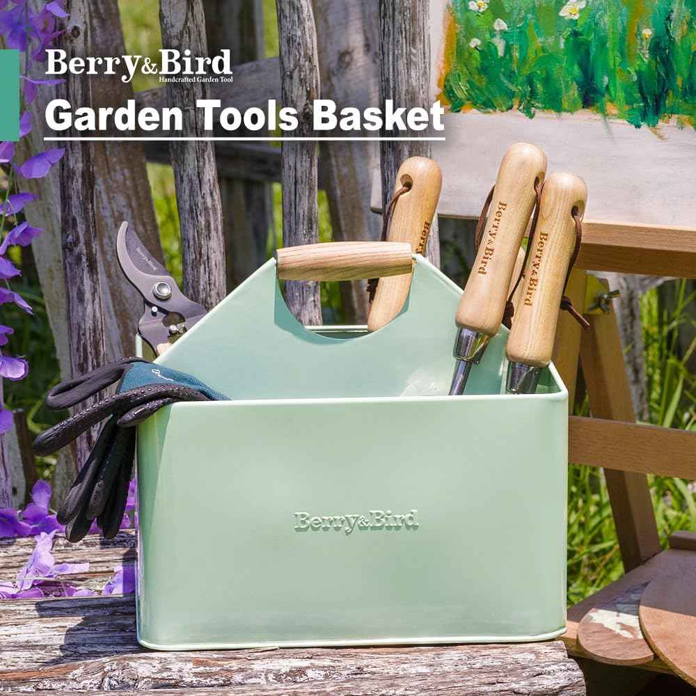 Berry&Bird Garden Tool Organizer, Metal Garden Caddy with 4 Compartments | Gardening Tools Box for Indoor & Outdoor, Wooden Handle Garden Tool Basket, Practical Gardener Gift for Gardening Lovers