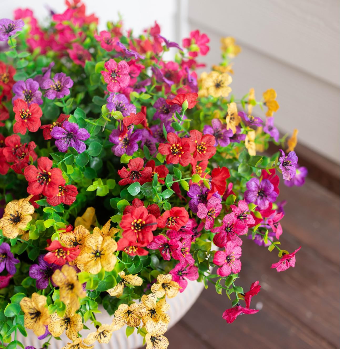 HyeFlora Artificial Flowers for Outdoor Indoor Garden Home Decoration, Faux Flower Daisy with Eucalyptus Leaves Fake Plants Greenery Boxwood Porch Patio, 12 Bundles (6 Multicolor)