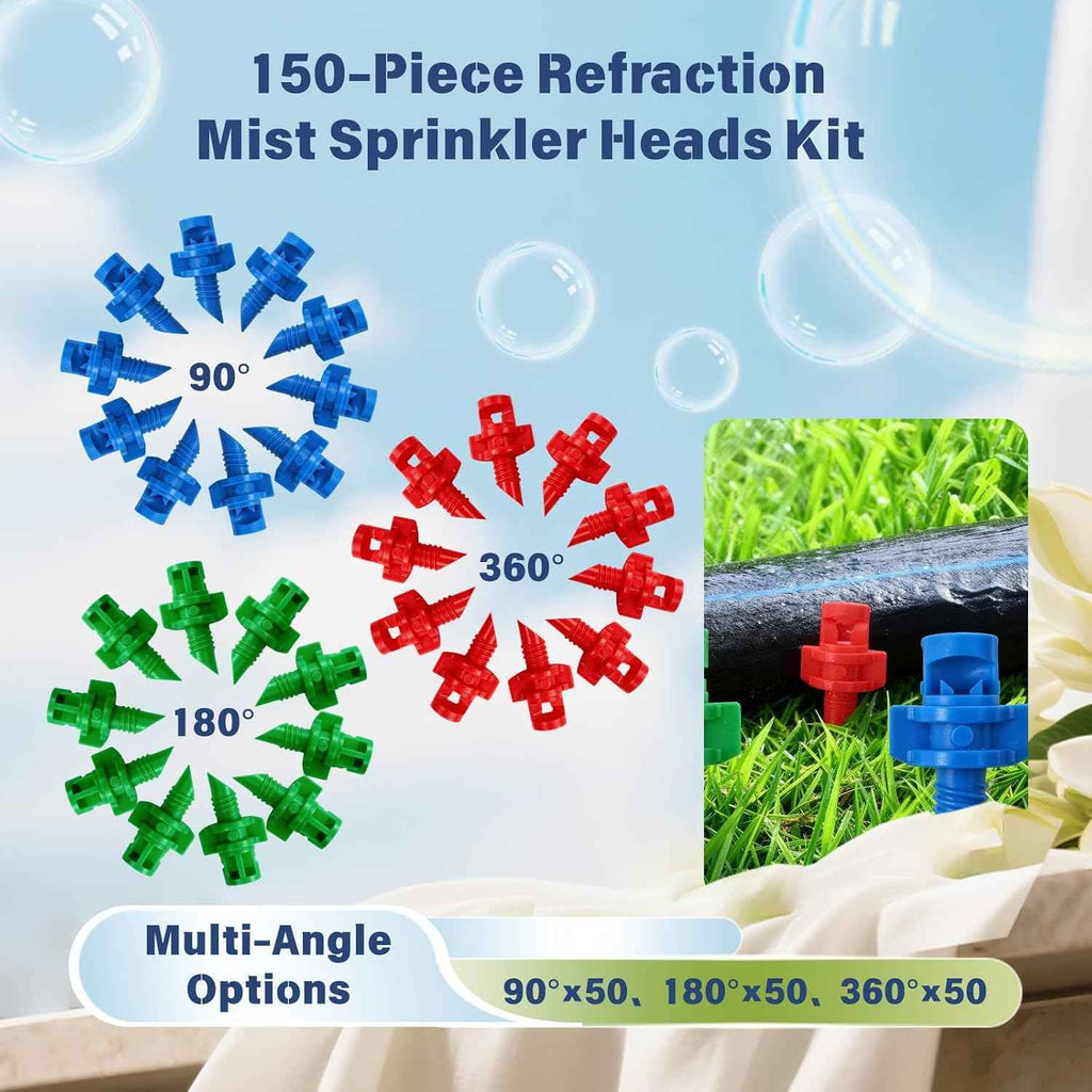 150-Piece Refraction Mist Sprinkler Heads Kit - 90°/180°/360° Multi-Angle Options | Professional Plant Watering Devices Compatible with Drip Irrigation System for Yard & Lawn