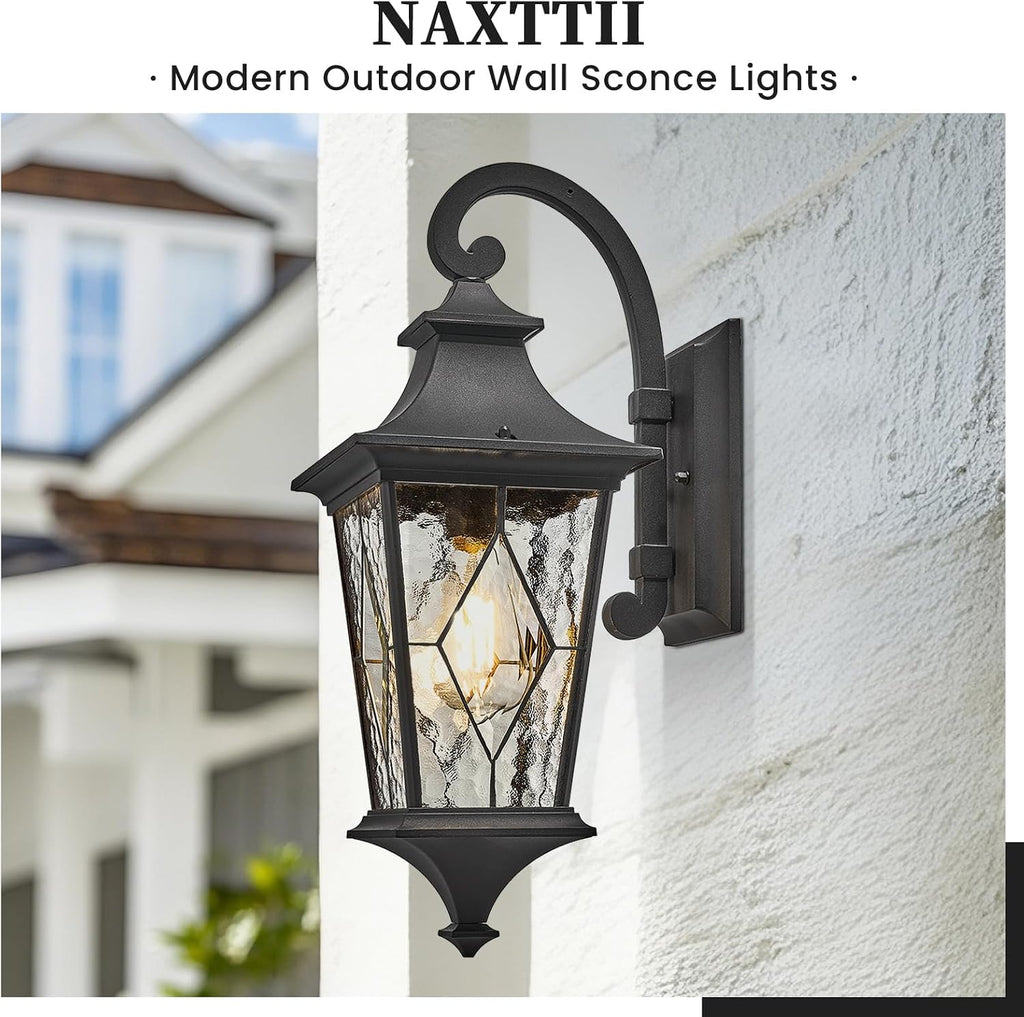 Outdoor Sconce Lights Black Porch Lights Outdoor Aluminum Waterproof Exterior Lighting Fixtures with Water Ripple Handmade Solder Glass E26 Socket
