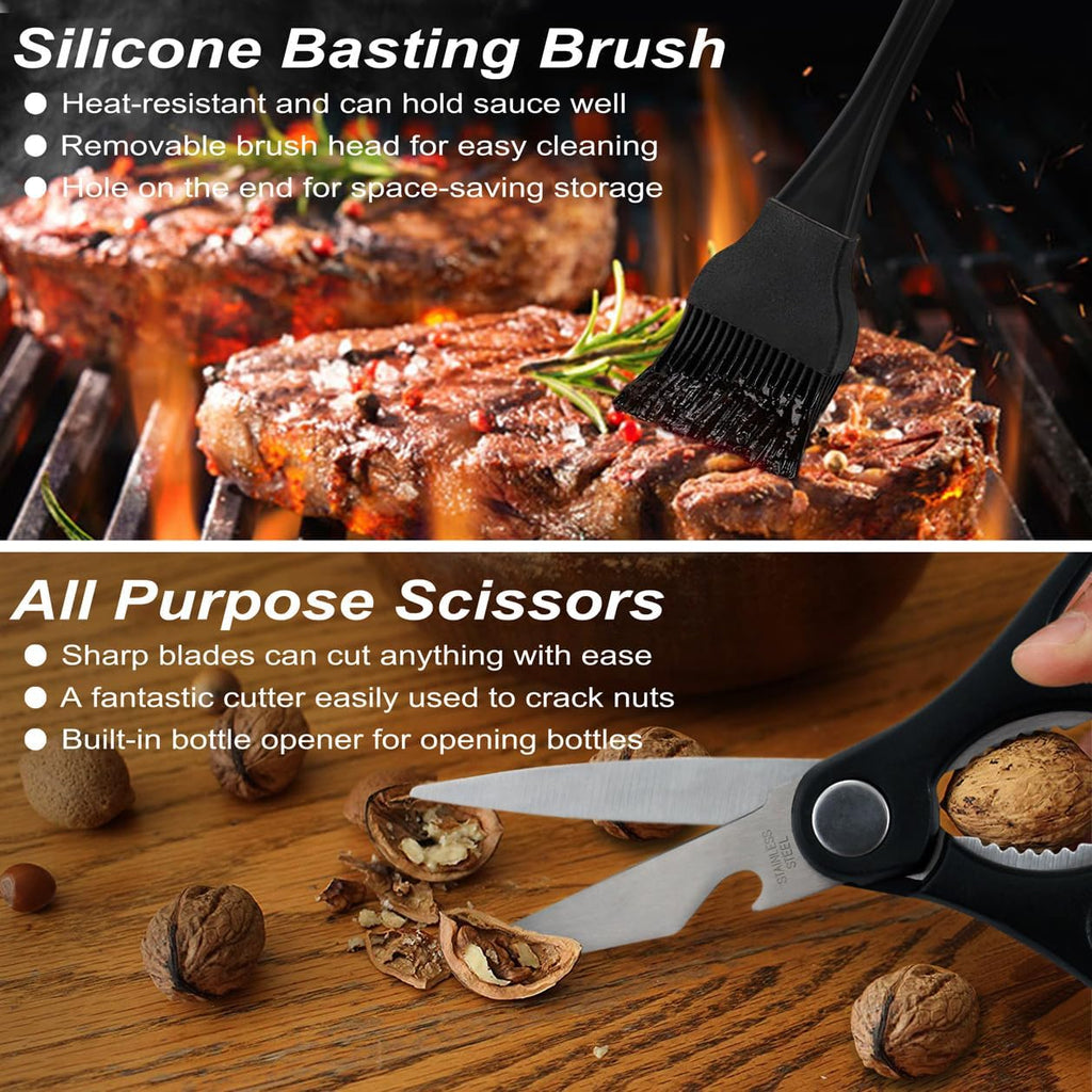 POLIGO 29 PCS BBQ Grill Accessories Stainless Steel BBQ Tools Grilling Tools Set with Storage Bag for Fathers Day Dads Birthday Presents - Camping Grill Utensils Set Ideal Grilling Gifts for Men Black