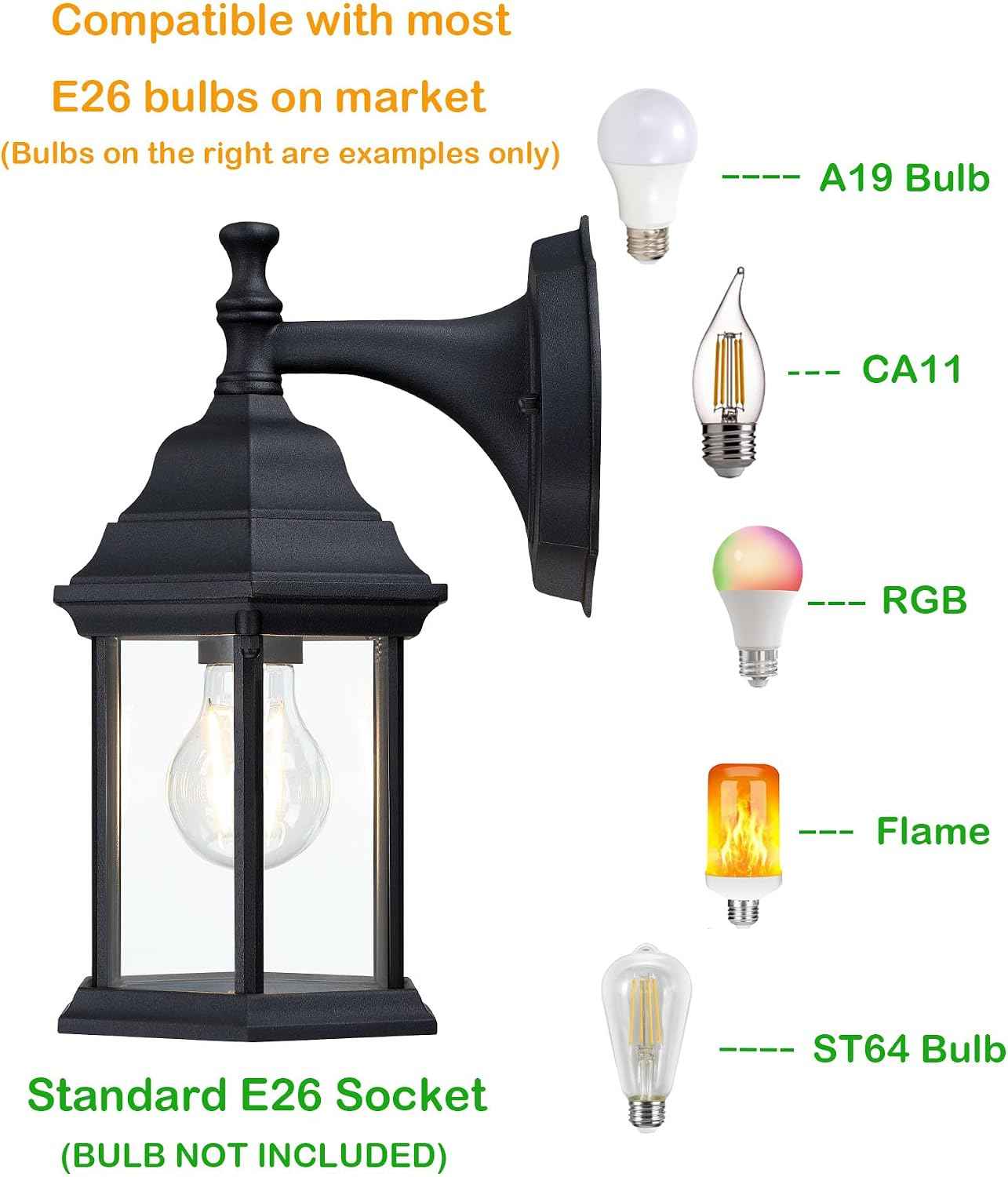LIT-PaTH Outdoor Wall Light Fixture, Antirust Aluminum Glass, Black 1 Pack | Large Exterior Porch Light Wall Sconce Lantern for House Patio Garage, Waterproof Rustproof, E26 Socket 60W Max