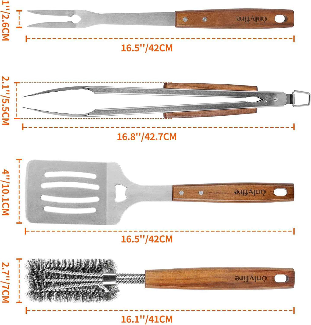onlyfire 4PCS BBQ Tools, Stainless Steel Griddle Accessories | Grilling Utensil Set Including Grill BBQ Spatulas, Barbecue Tong, Grill Fork and BBQ Brush