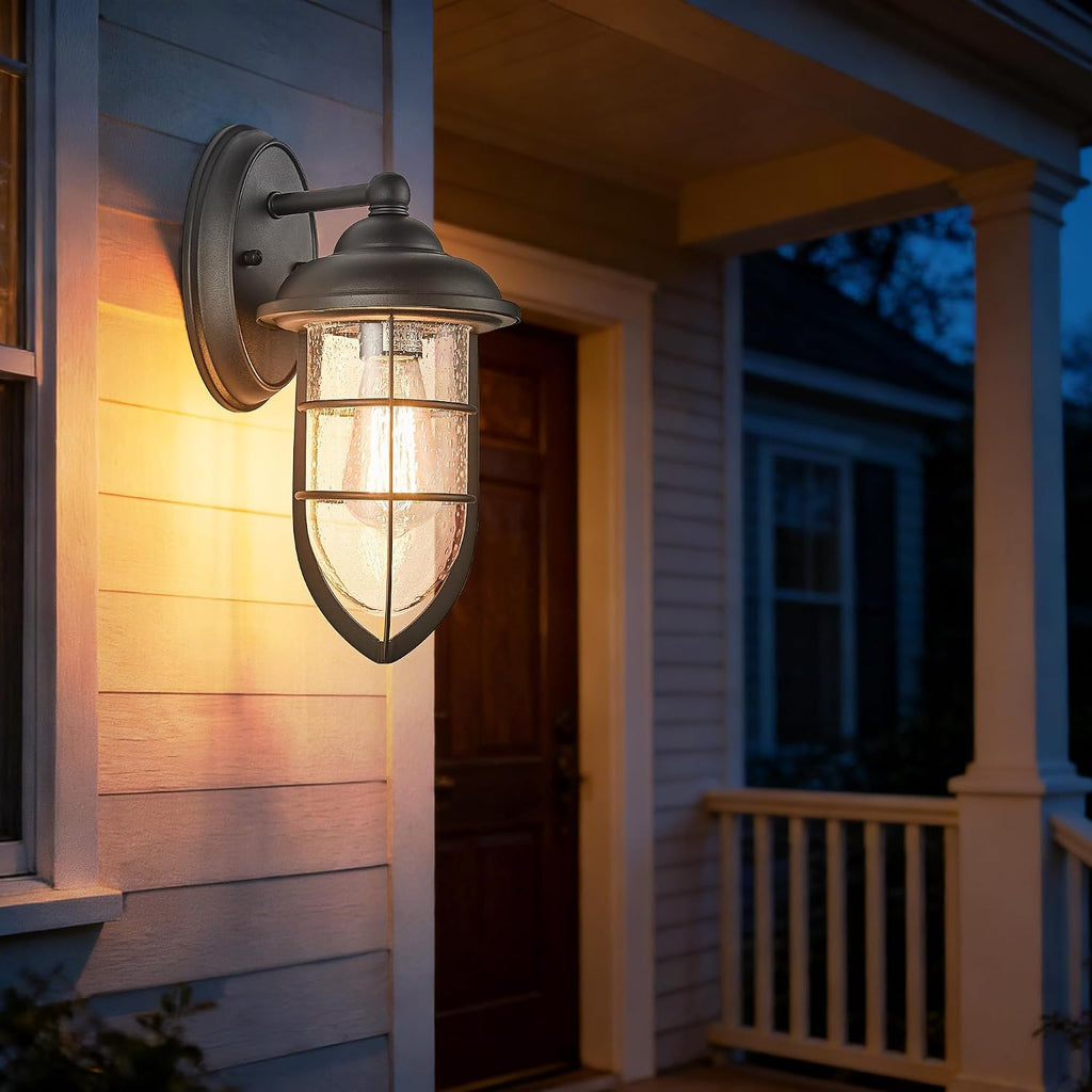 Outdoor Wall Sconce, Black Textured Finish with Clear Seeded Glass Shade, IP65 Waterproof, Indoor/Outdoor Wall Light for Porch, Garage, Entryway, Patio, Garden - E26 Bulb Not Included