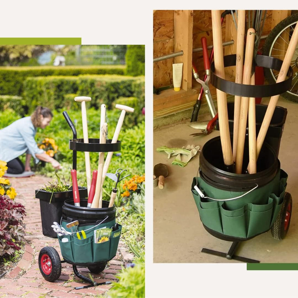 Gardener's Supply Company Heavy Duty Mobile Tool Storage Caddy | All in One Easy-Roll Garden Utility Cart Carrier, Includes 5-gallon Bucket, Fabric Organizer with Multiple Pockets