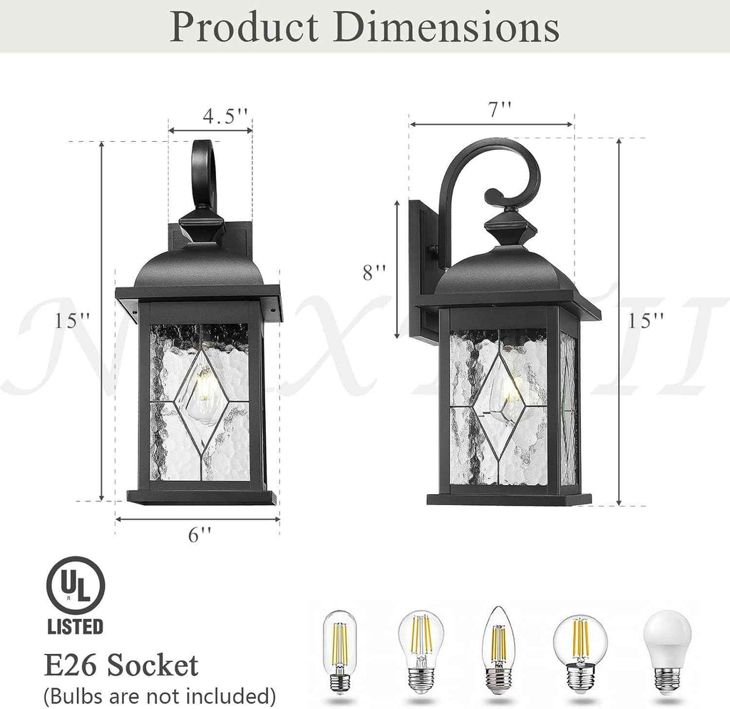 Outdoor Wall Lights Black Exterior Lighting Fixtures with Clear Water Ripper Glass 15 Inch Height Exterior Wall Sconce Light fixtures for House Porch and Garage E26 Socket