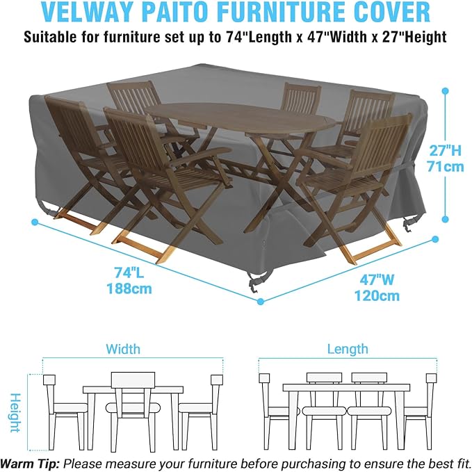 Velway Patio Table Chairs Set Cover Square Waterproof 74"Lx47"Wx28"H Outdoor - Image 4