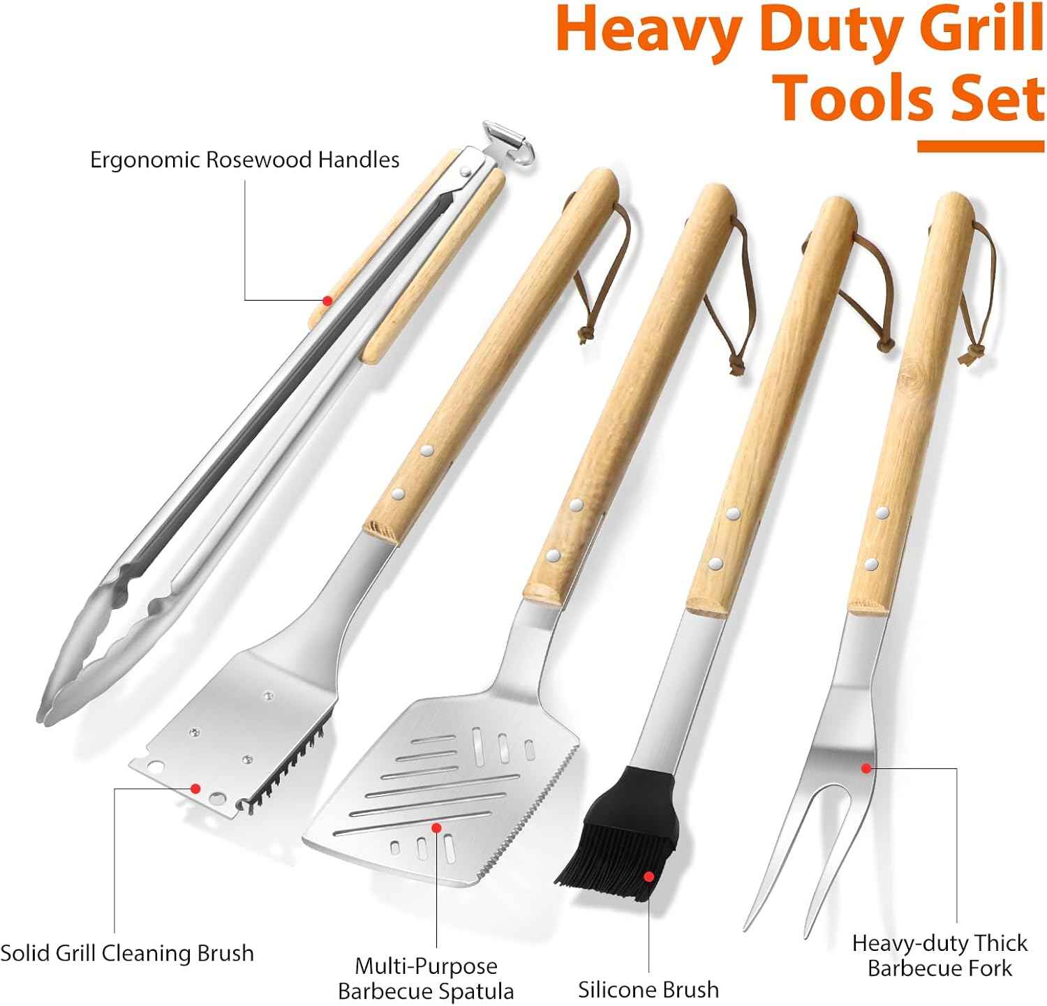 5 pcs Heavy-Duty Wooden BBQ Grilling Tools Set, Extra Thick Stainless Steel Multi-Functional Spatula, Fork, Tong, Oiling Brush & Cleaning Brush - an Excellent Barbecue Gift for Men