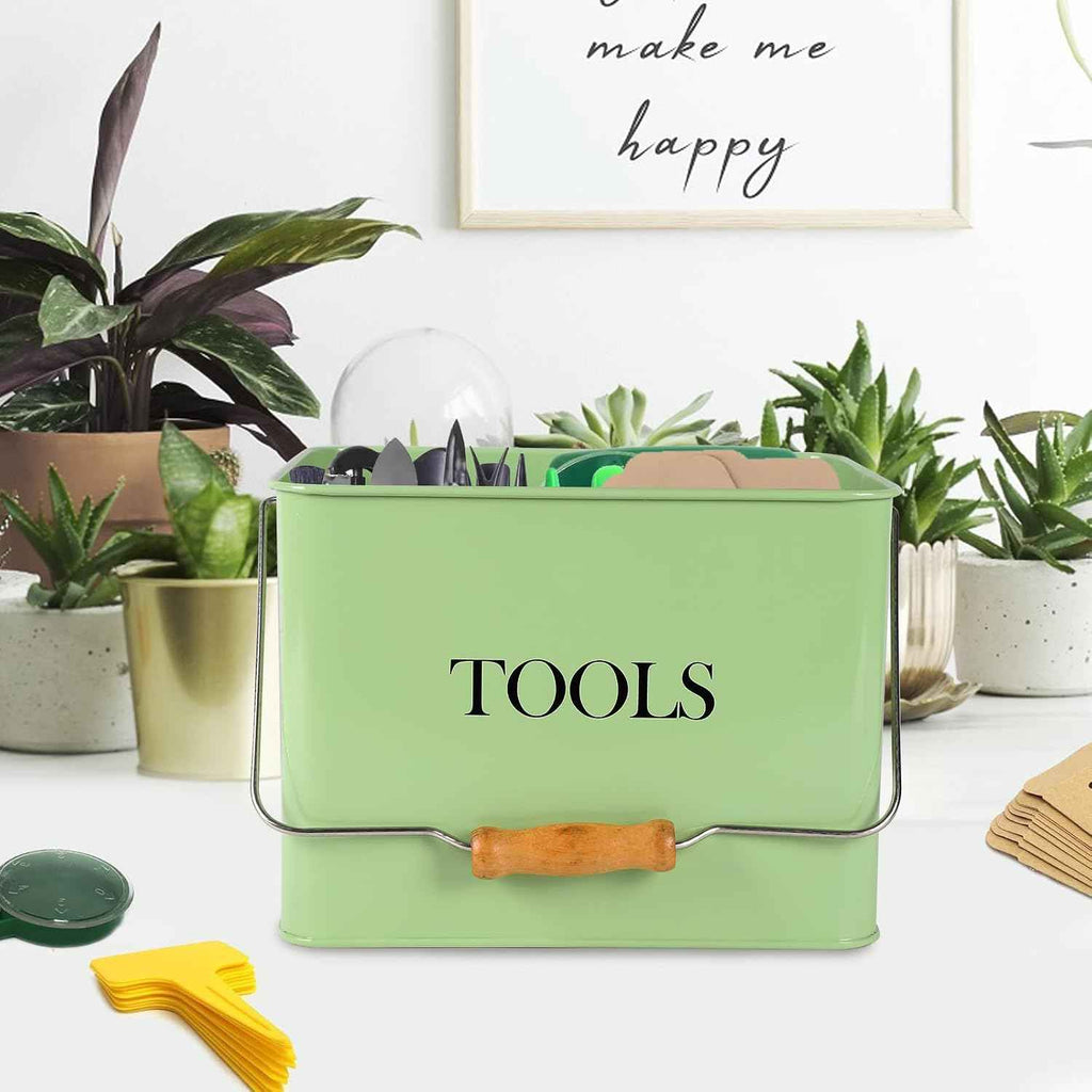 Garden Tool Organizer, Metal Tool Caddy with 3 Compartments, Portable Garden Tool Basket with Handle, Gardening Tool Kit Holder Empty, Garden Tool Storage for Indoor and Outdoor Use - Green