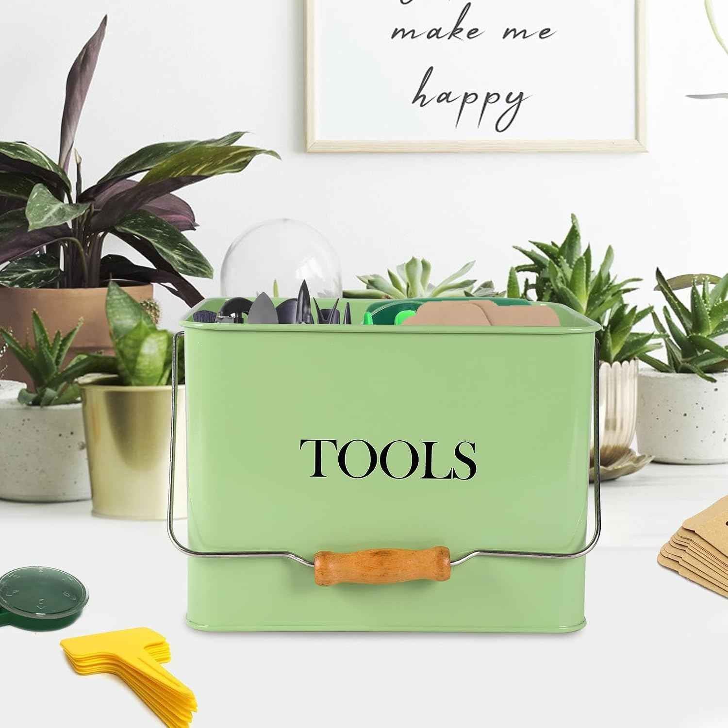 Garden Tool Organizer, Metal Tool Caddy with 3 Compartments, Portable Garden Tool Basket with Handle, Gardening Tool Kit Holder Empty, Garden Tool Storage for Indoor and Outdoor Use - Green