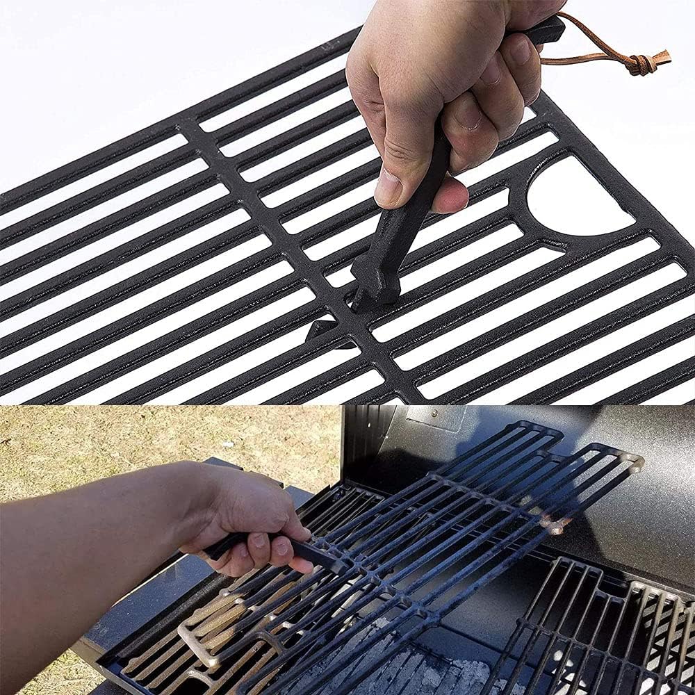 Grill Grate Lifter Cast Iron Universal Cooking Grid Lifter for Most Grills | Compatible with BGE Grills, Fits Kamado Grills, Cast Iron Grate Lifter, Rustproof, One-Hand Lift, with Leather Hanging Strap