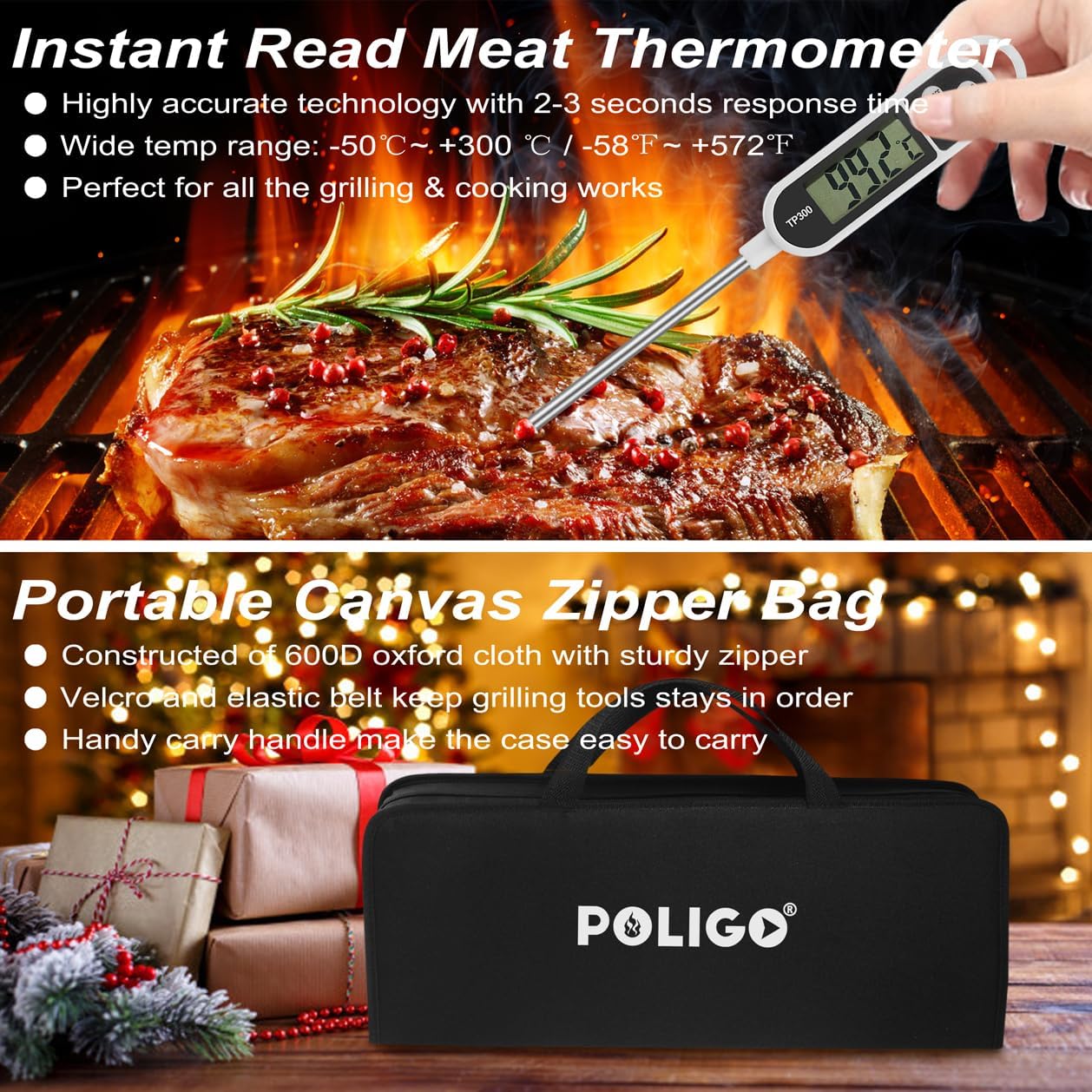 POLIGO 29 PCS BBQ Grill Accessories Stainless Steel BBQ Tools Grilling Tools Set with Storage Bag for Fathers Day Dads Birthday Presents - Camping Grill Utensils Set Ideal Grilling Gifts for Men Black