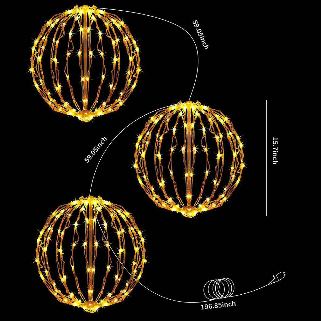 16 Inch Christmas LED Light Globes, 3 Pack Warm White Hanging Decor | 8 Lighting Modes, 3 Timer Modes, Folding Design, Waterproof, Indoor Outdoor Holiday Decor