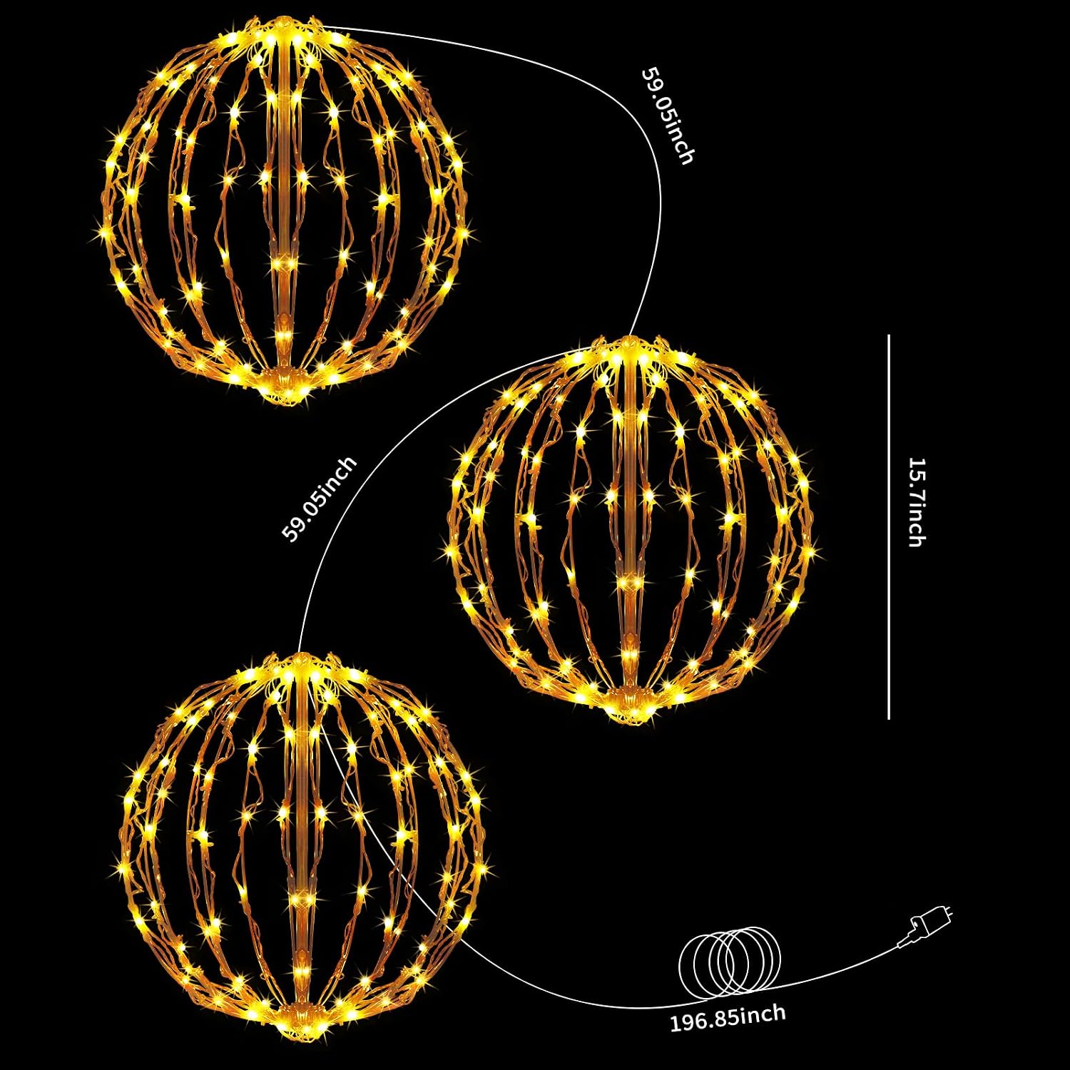 16 Inch Christmas LED Light Globes, 3 Pack Warm White Hanging Decor | 8 Lighting Modes, 3 Timer Modes, Folding Design, Waterproof, Indoor Outdoor Holiday Decor