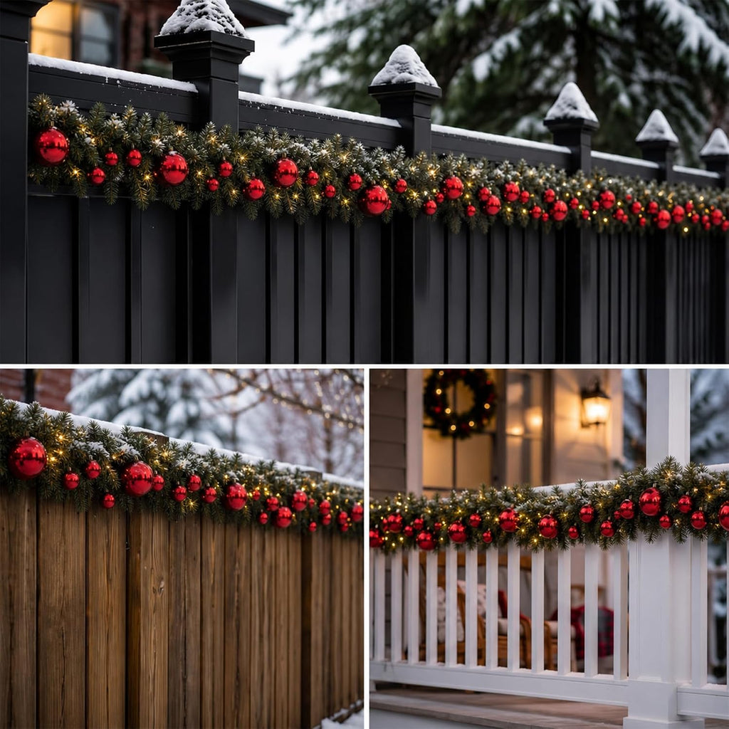 Knitgrip 2 Pack 9ft Christmas Garland Fence Decorations Outdoor with with Solar Light, 40 Pcs Red Balls Ornaments and 100 Pcs Cable Ties for Patio Eaves Railing Porch Door Staircase Yard Holiday