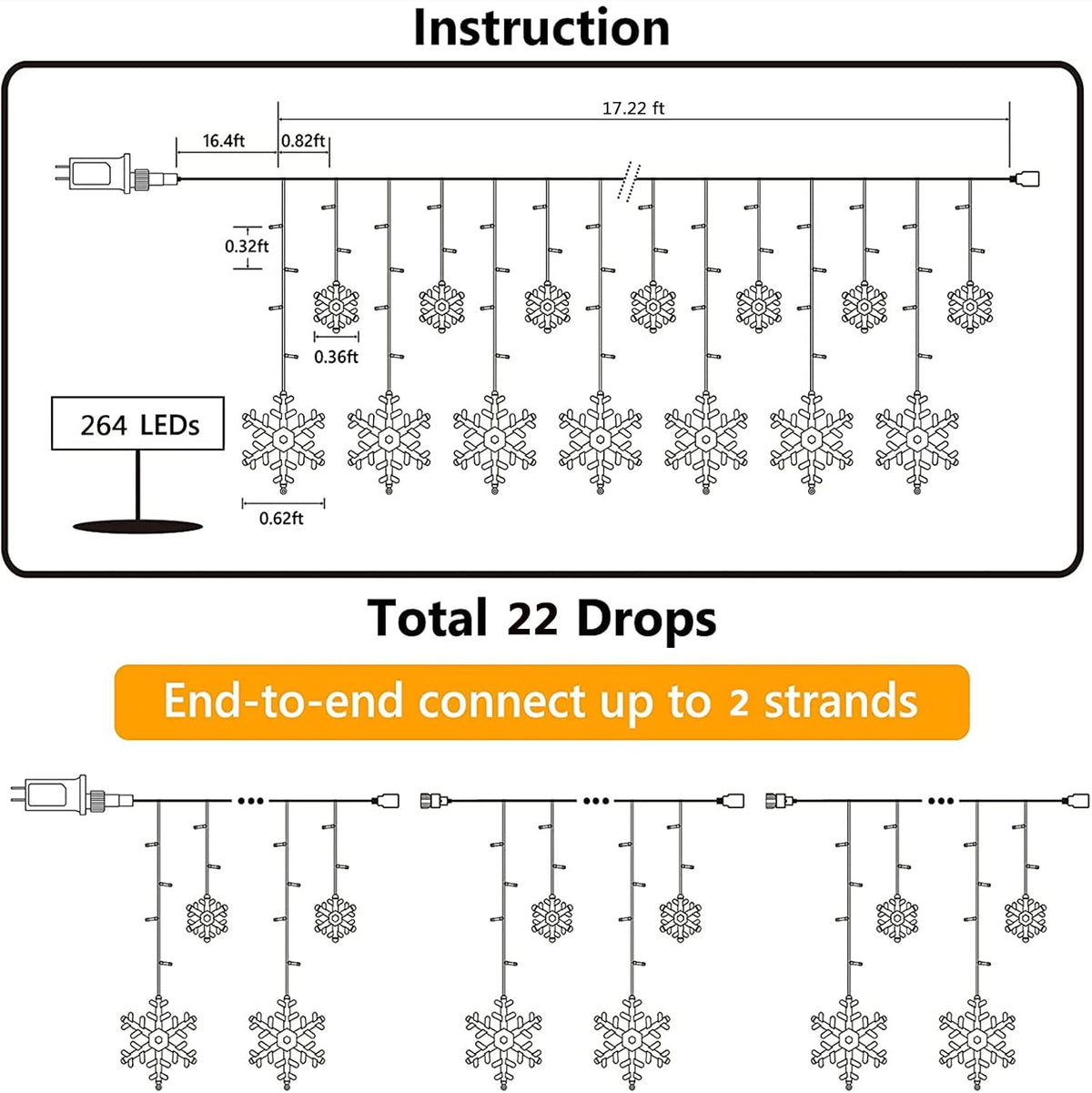 Christmas Snowflake Lights Outdoor, 17.22ft 264 LED Snowflake Icicle Lights with 22 Drops, 8 Modes connectable Plug In Christmas Light Waterproof for Eaves, Garden, Indoor & Outdoor Decor (Multicolor)