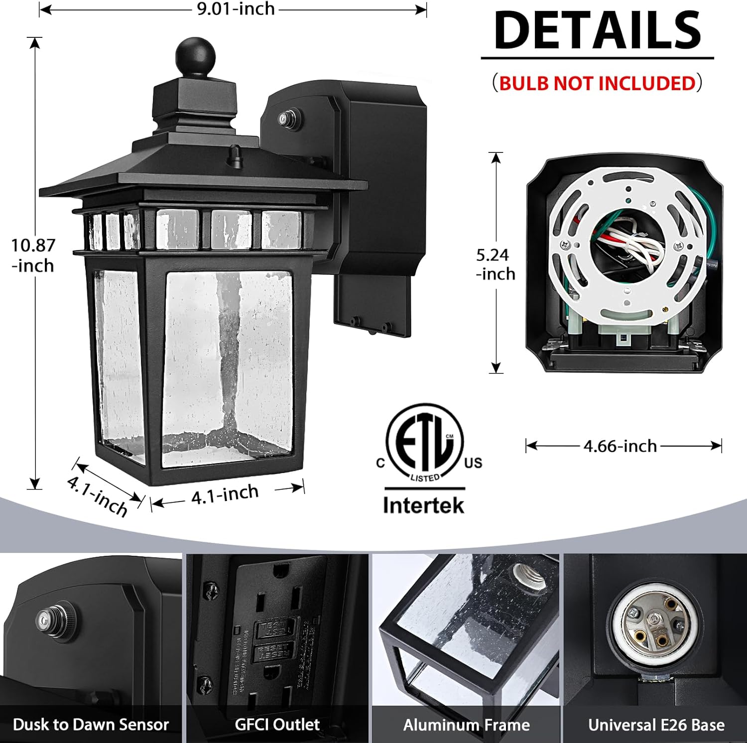 Porch Lights with GFCI Outlet, Dusk to Dawn Outdoor Wall Sconce Black | Anti-Rust Waterproof Aluminum Construction, Easy Installation, Tempered Glass & E26 Socket Outside Lights for House Garage