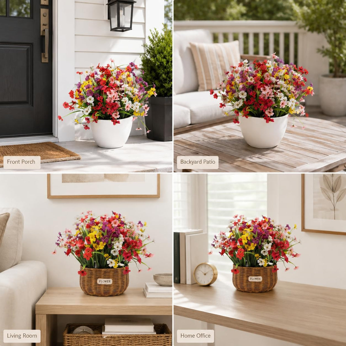 Artificial Flowers & Monkey Grass - 24 Pcs, Faux Floral Greenery 6 Colors | Flexible Stems for Easy Arrangement, Ideal for Planters, Porches, Patios & Farmhouse Decor. Pot & Window Box Not Included