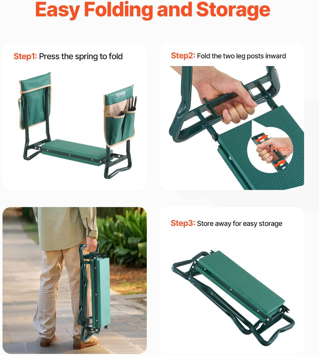 VEVOR Garden Kneeler and Seat Heavy Duty, Kneeling Bench for Gardening | Portable Garden Stool with Kneeling Pad and 2 Tool Bags, Garden Chair to Relieve Knee & Back Pain, Great Gifts for Seniors
