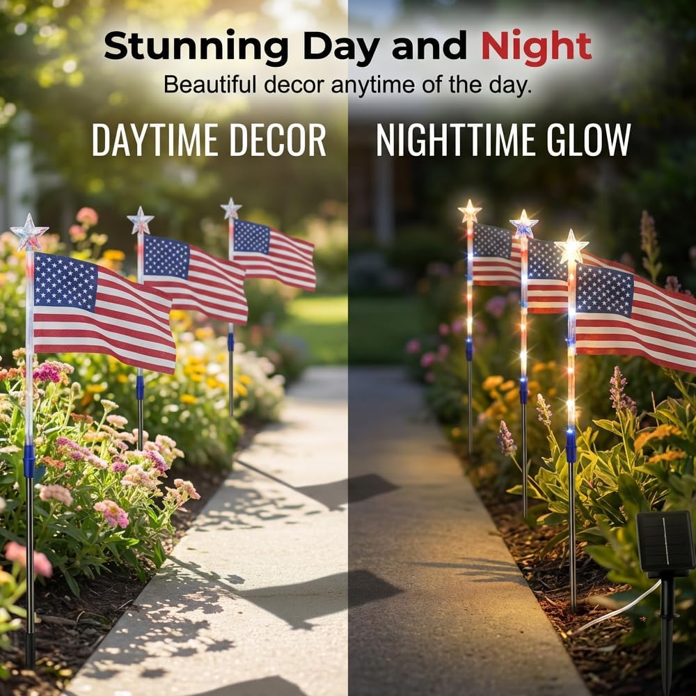 8 Pack Solar American Flag Pathway Lights-4th of July Outdoor Decor American Flag Lights, Patriotic Pathway Lights for 250th Anniversary Celebration Independence Yard Garden Day Decor (8 PCS)