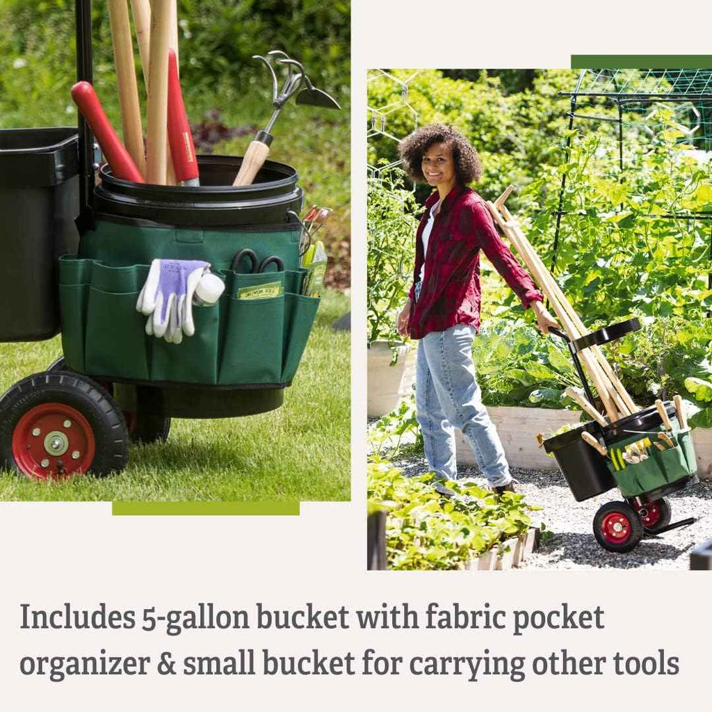 Gardener's Supply Company Heavy Duty Mobile Tool Storage Caddy | All in One Easy-Roll Garden Utility Cart Carrier, Includes 5-gallon Bucket, Fabric Organizer with Multiple Pockets