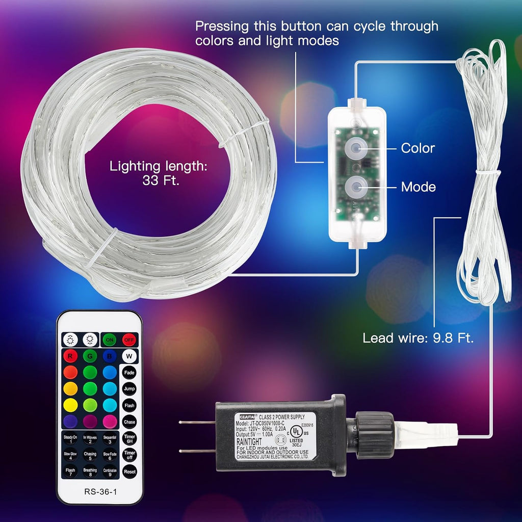 Minetom Color Changing Rope Lights Outdoor, 33FT 100 LED Rope Light | Outdoor String Lights with Remote, Timer, Waterproof Christmas Light Outdoor Decoration for Outside Indoor Bedroom,16 Colors