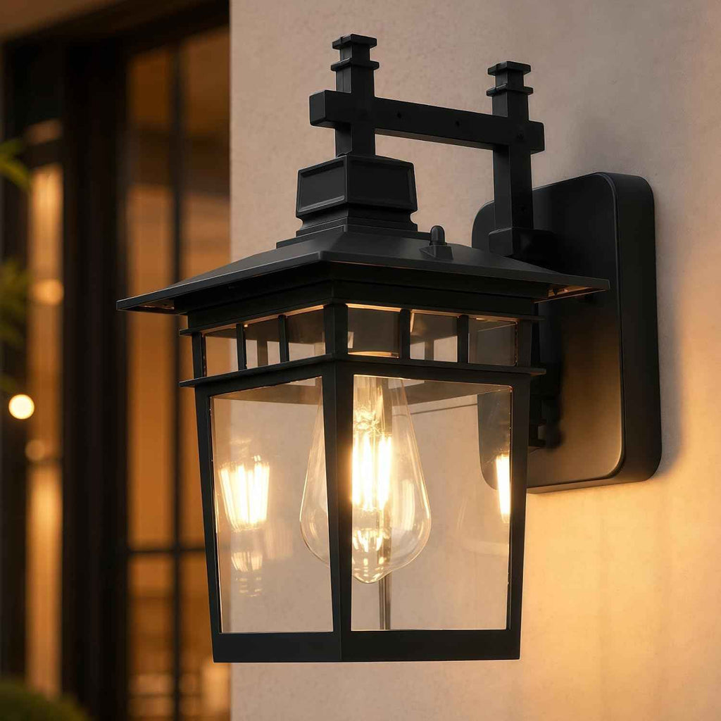 13'' Black Medium Outdoor Wall Light Fixture with Closed Bottom | Waterproof Outdoor Porch Lights with Clear Glass Lampshade for House, Garage, Patio, Weather Resistance, E26 Base