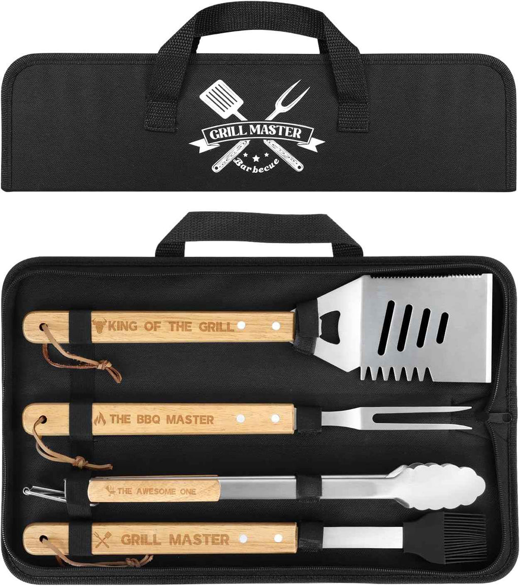 4PCS Grilling Accessories BBQ Tools - Stainless Steel Grill Set with Tongs, Fork, Spatula, Brush, Carrying Bag, Birthday for Men, Father, Husband