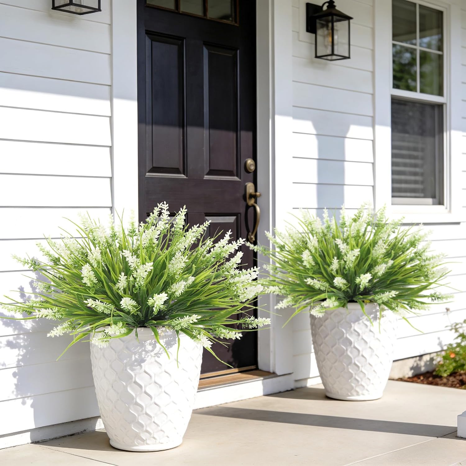 Outdoor Plants Artificial for Porch UV Resistant Faux Outdoor Plants | 10 Bundles Artificial Monkey Grass Fake Lavender Flower Faux Greenery Planter Filler for Patio Garden Porch Decor (White)