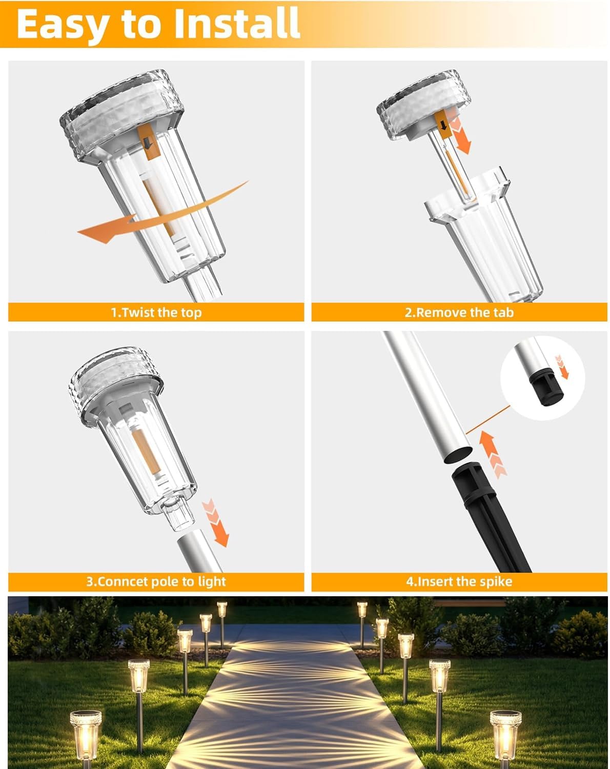 DERAYSION 12 Pack Solar Pathway Lights Outdoor, Solar Powered Garden Lights Auto On/Off, Waterproof Stainless Steel Pole Landscape Lighting for Path, Yard, Walkway, Driveway Decor - Warm White