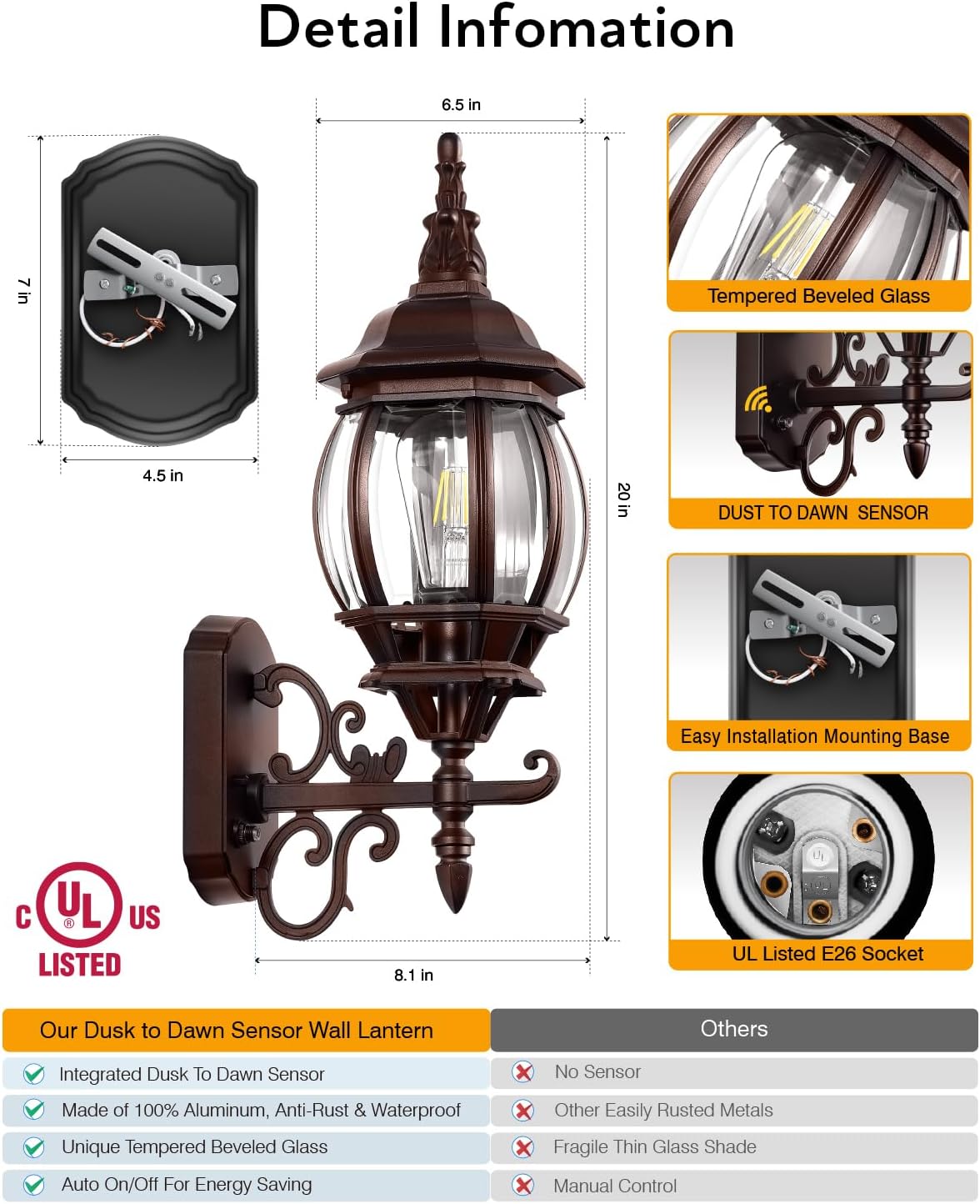VIANIS Bronze Dusk to Dawn Outdoor Light Fixtures Wall Mount, Waterproof | Modern Front Porch Lanterns Wall Sconce, Anti-Rust Outside Garage Lights for Patio, House, Entry, Easy to Install, 1-Pack
