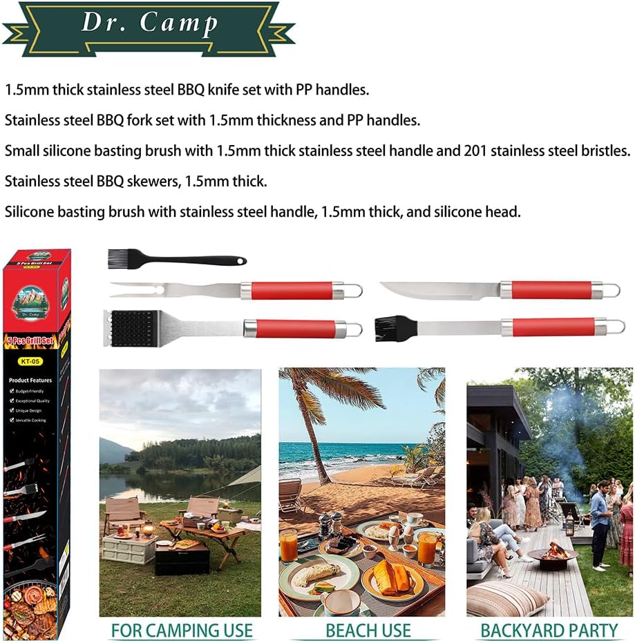 Dr. Camp 5 Piece Grill Accessories Grill Tools Set Heavy Duty Stainless Steel Grilling Accessories for Outdoor Grill BBQ Utensils Set