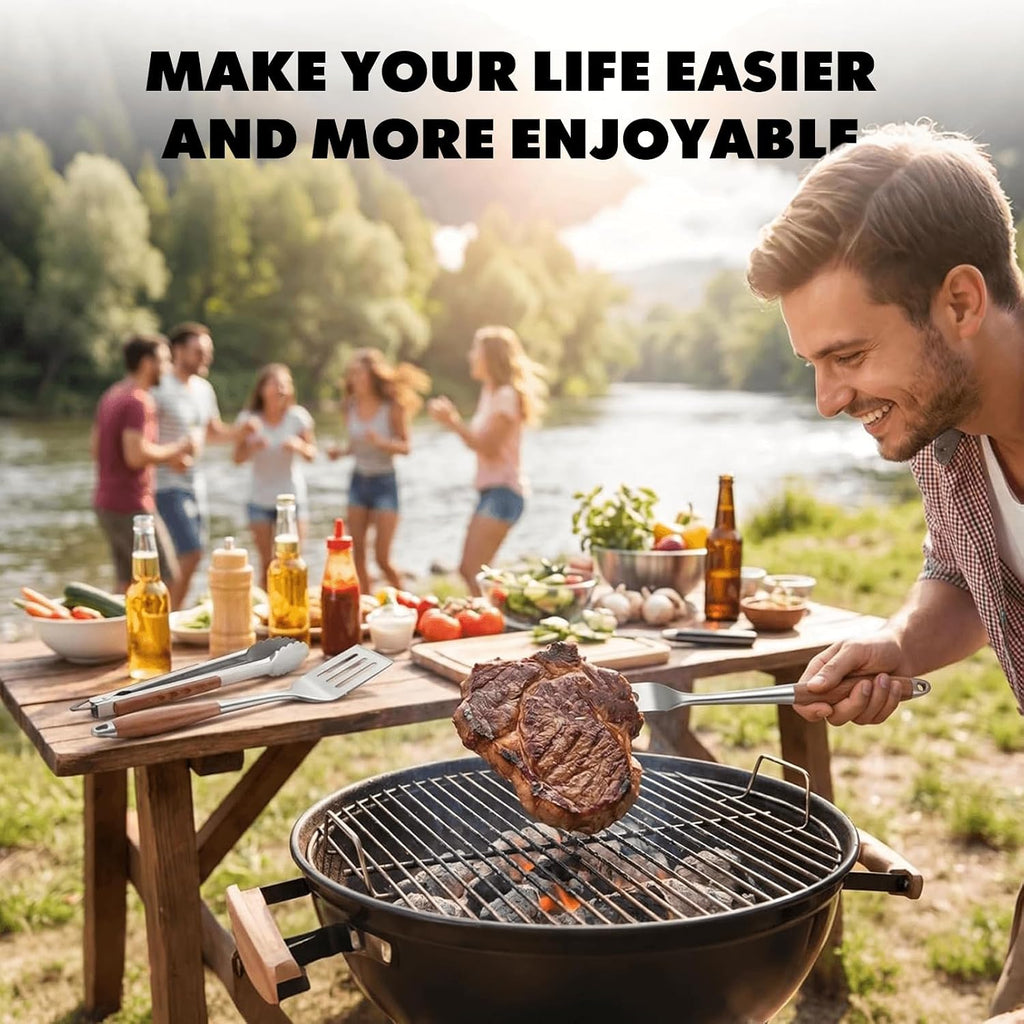 Grill Utensils Set with Rosewood Handle, BBQ Accessories Tools Set of 5 | Grilling Tongs, Spatula, Fork, Oil Brush, Cleaning Brush - Grilling Tools Set for Outdoor