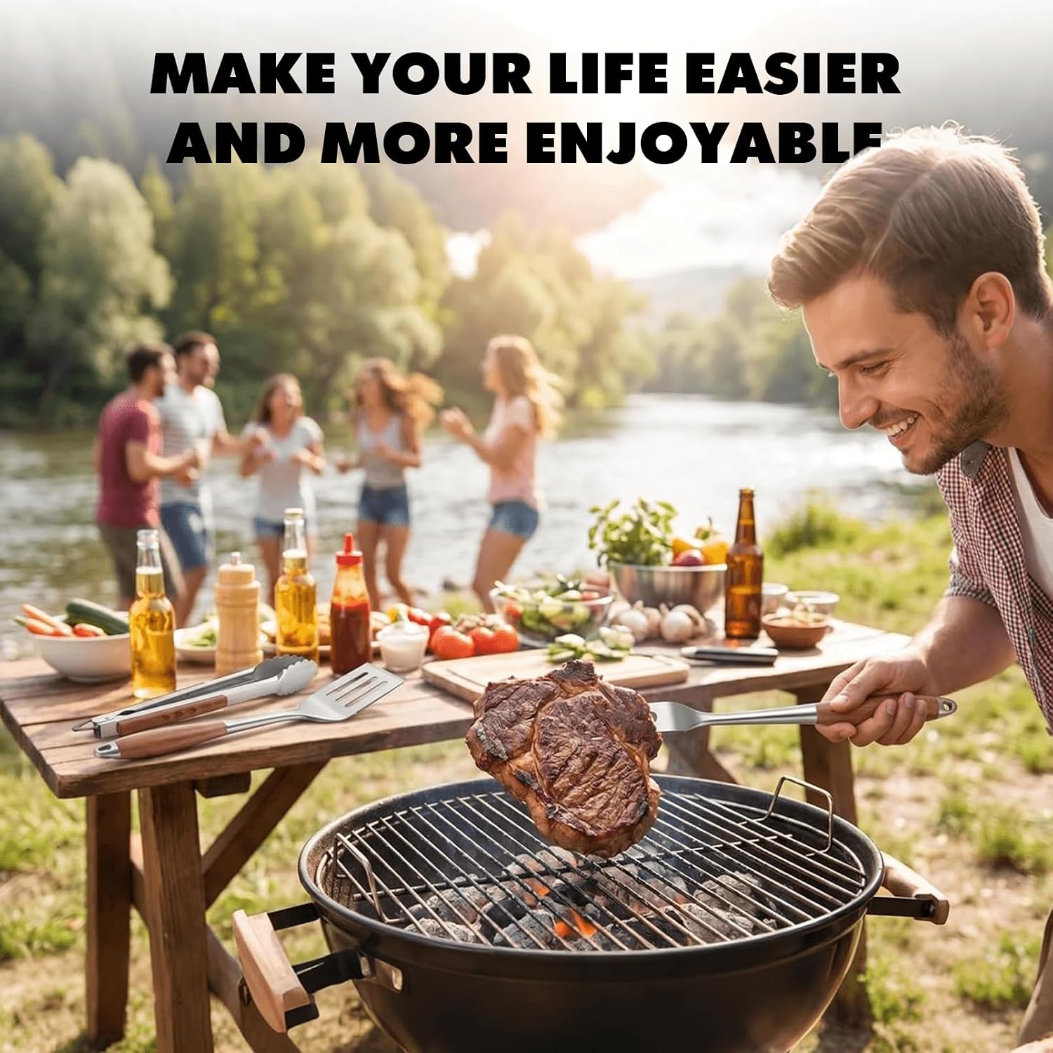 Grill Utensils Set with Rosewood Handle, BBQ Accessories Tools Set of 5 | Grilling Tongs, Spatula, Fork, Oil Brush, Cleaning Brush - Grilling Tools Set for Outdoor