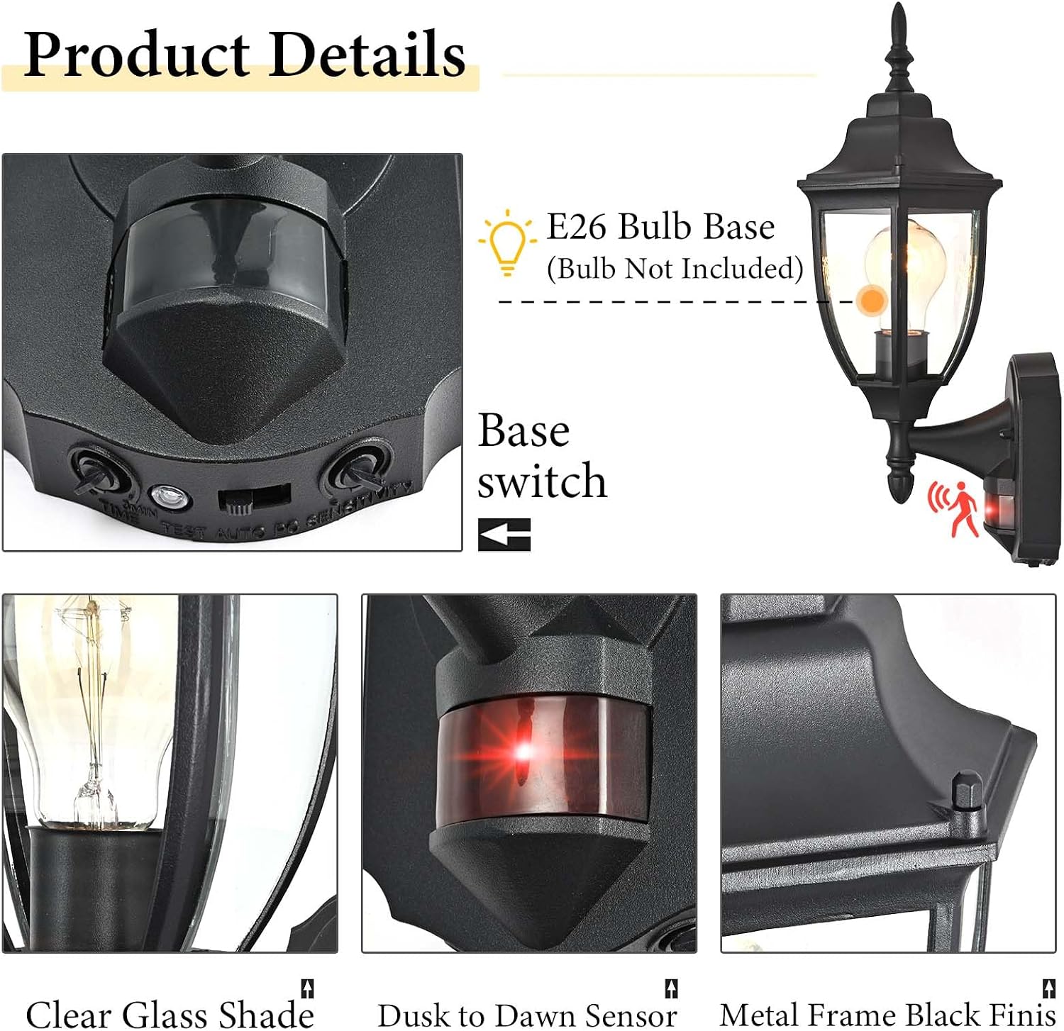 Porch Lights Outdoor Motion Sensor Wall Sconce Anti-Rust Aluminum, Exterior Outdoor Wall Lights Dusk to Dawn Porch Light Fixture Wall Mount for House Outside Patio