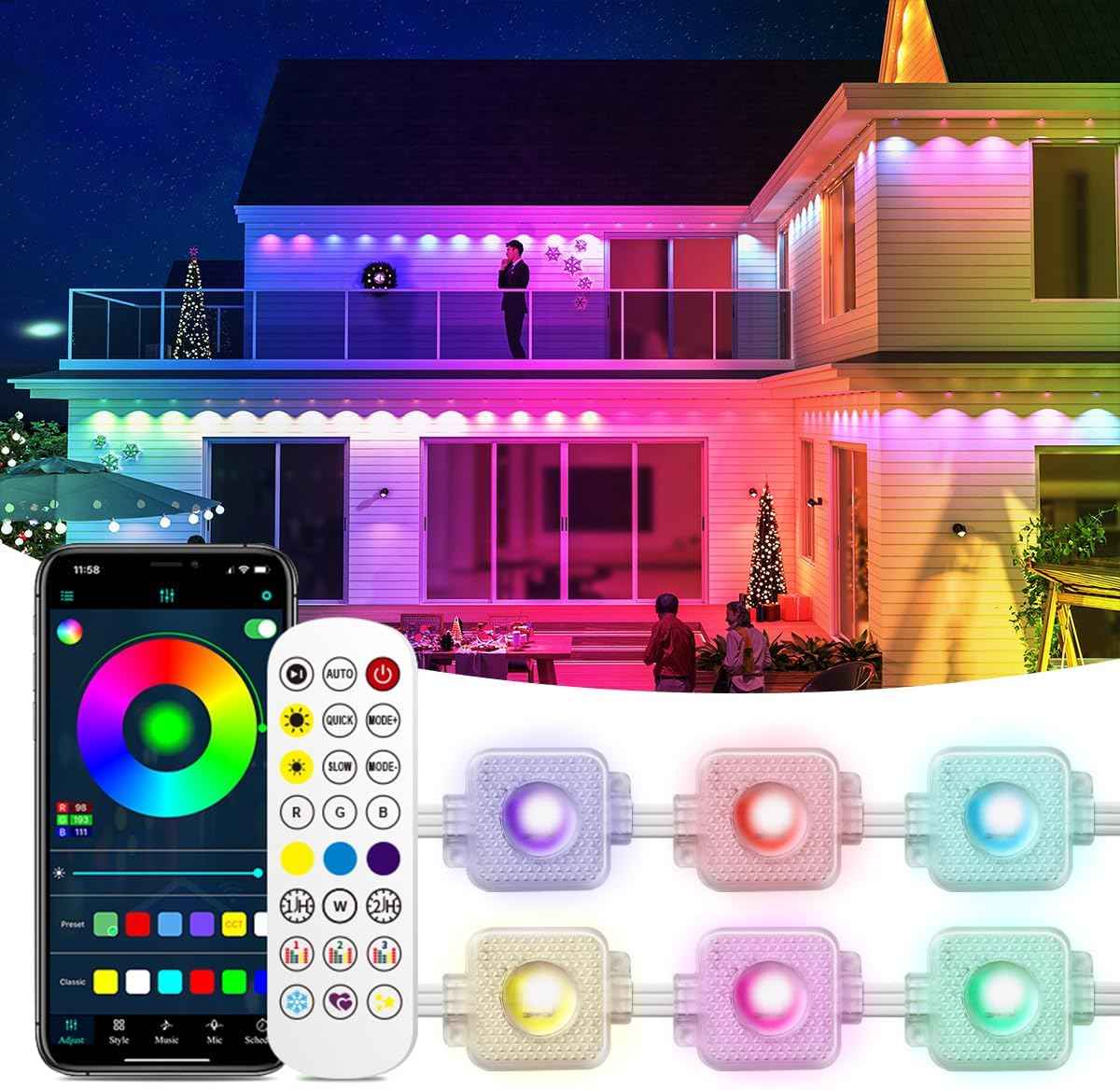 Permanent Outdoor Light,50ft with 30 LED Eaves Lights,Smart RGB Outdoor Lights with 75 Scene Modes,IP67 Waterproof,for Halloween Decorations,Christmas,Party,with App and Remote