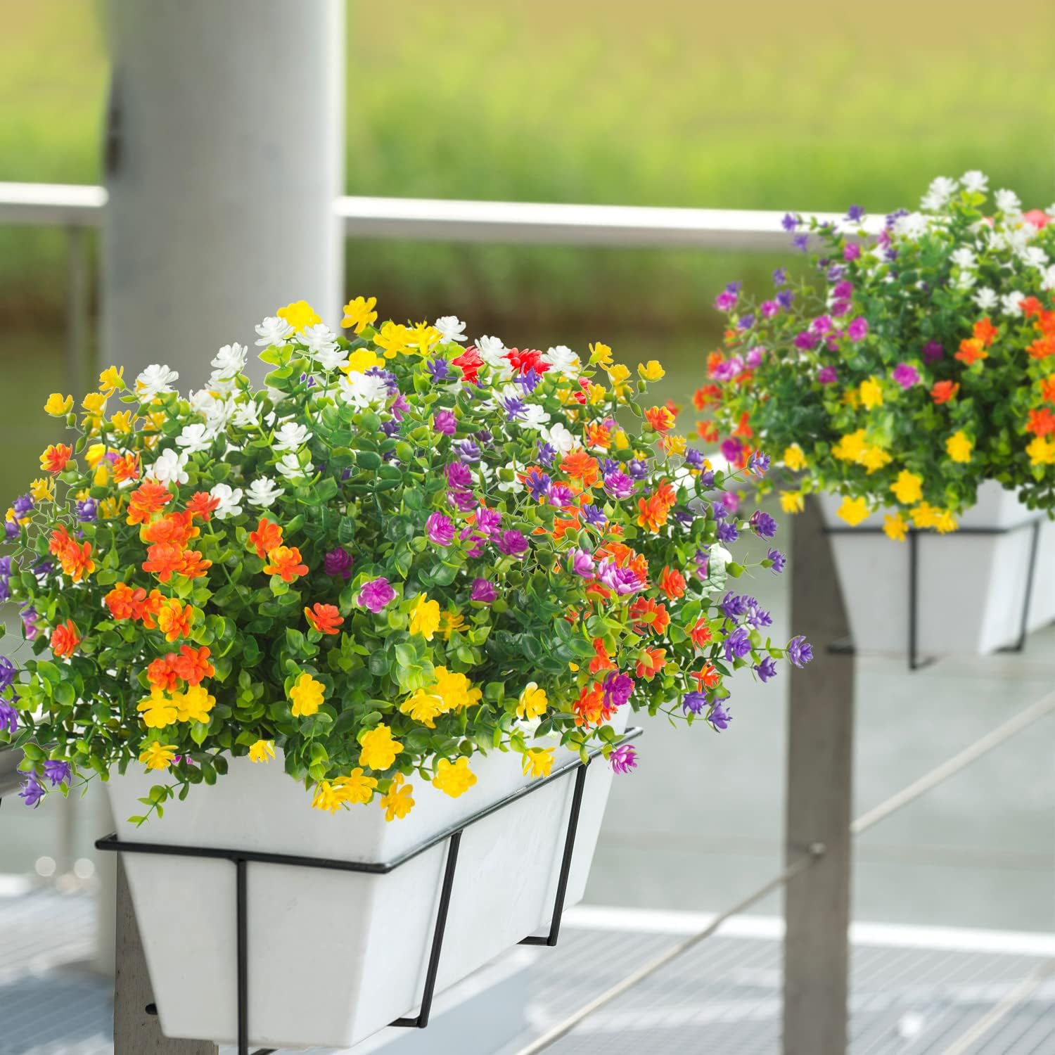 Grunyia 20 Bundles Outdoor Artificial Fake Flowers UV Resistant Boxwood Faux Plastic Plants for Hanging Garden Porch Window Box Outside Decoration(Mix)
