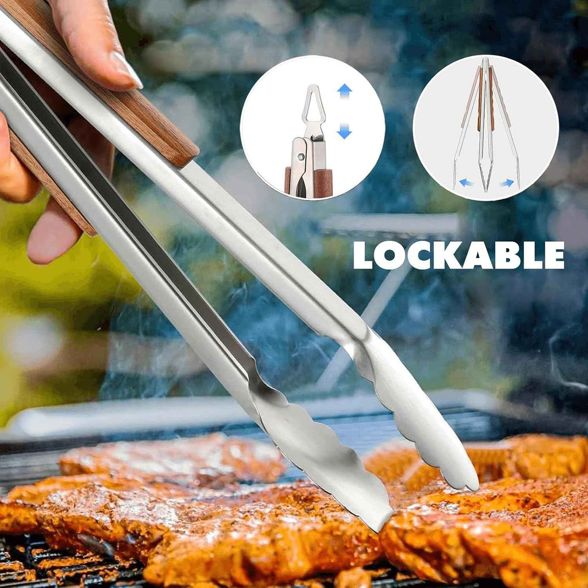 Grill Utensils Set with Rosewood Handle, BBQ Accessories Tools Set of 5 | Grilling Tongs, Spatula, Fork, Oil Brush, Cleaning Brush - Grilling Tools Set for Outdoor