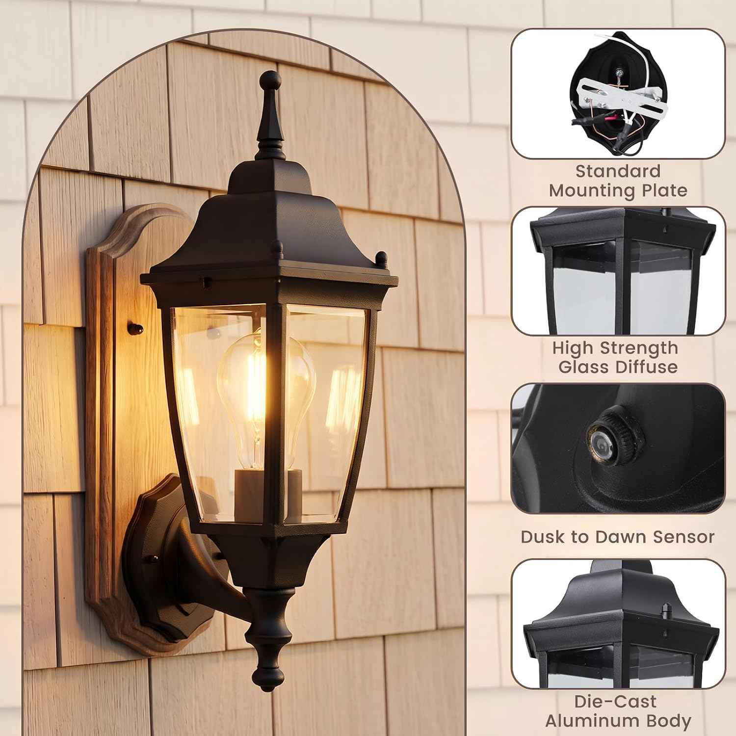 Dusk to Dawn Outdoor Light Fixture, E26 Outdoor Porch Light | Aluminum & Glass Photocell-Controlled Outdoor Wall Light E26 60W max, IP65 Waterproof ETL UL CSA Listed Wall Lantern, Black